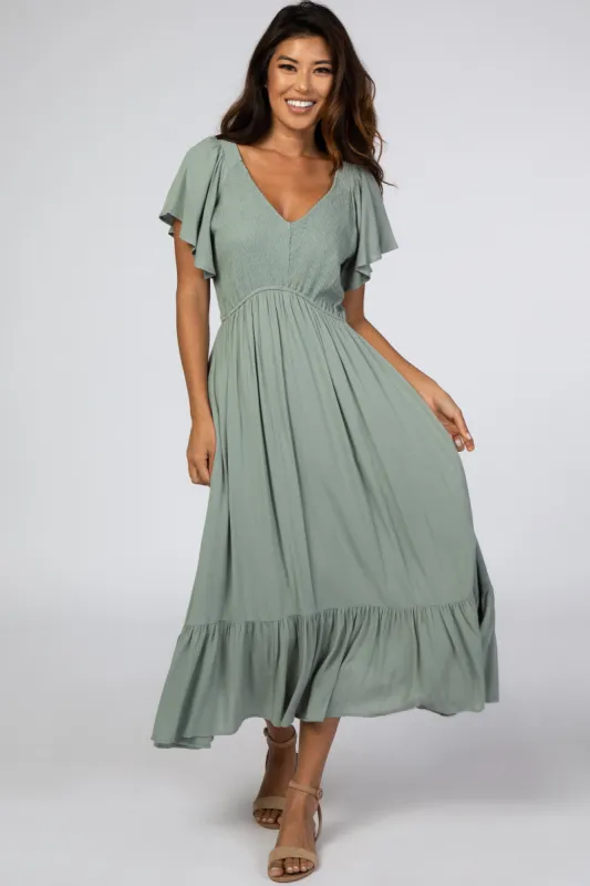 Light Olive Smocked V-Neck Midi Dress sold by Pinkblush