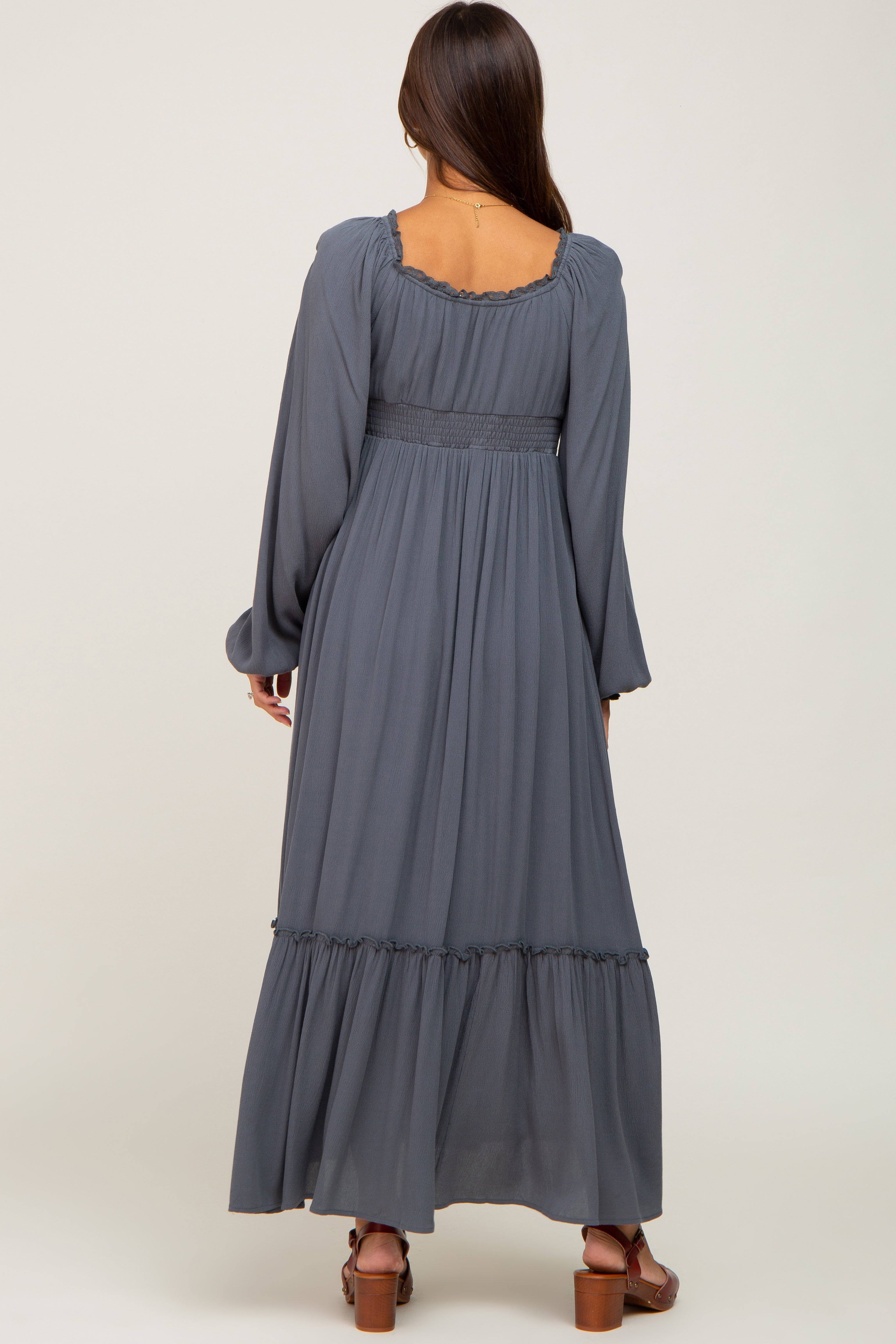 Charcoal Lace Trim Smocked Waist Maternity Maxi Dress sold by Pinkblush product image thumbnail 3