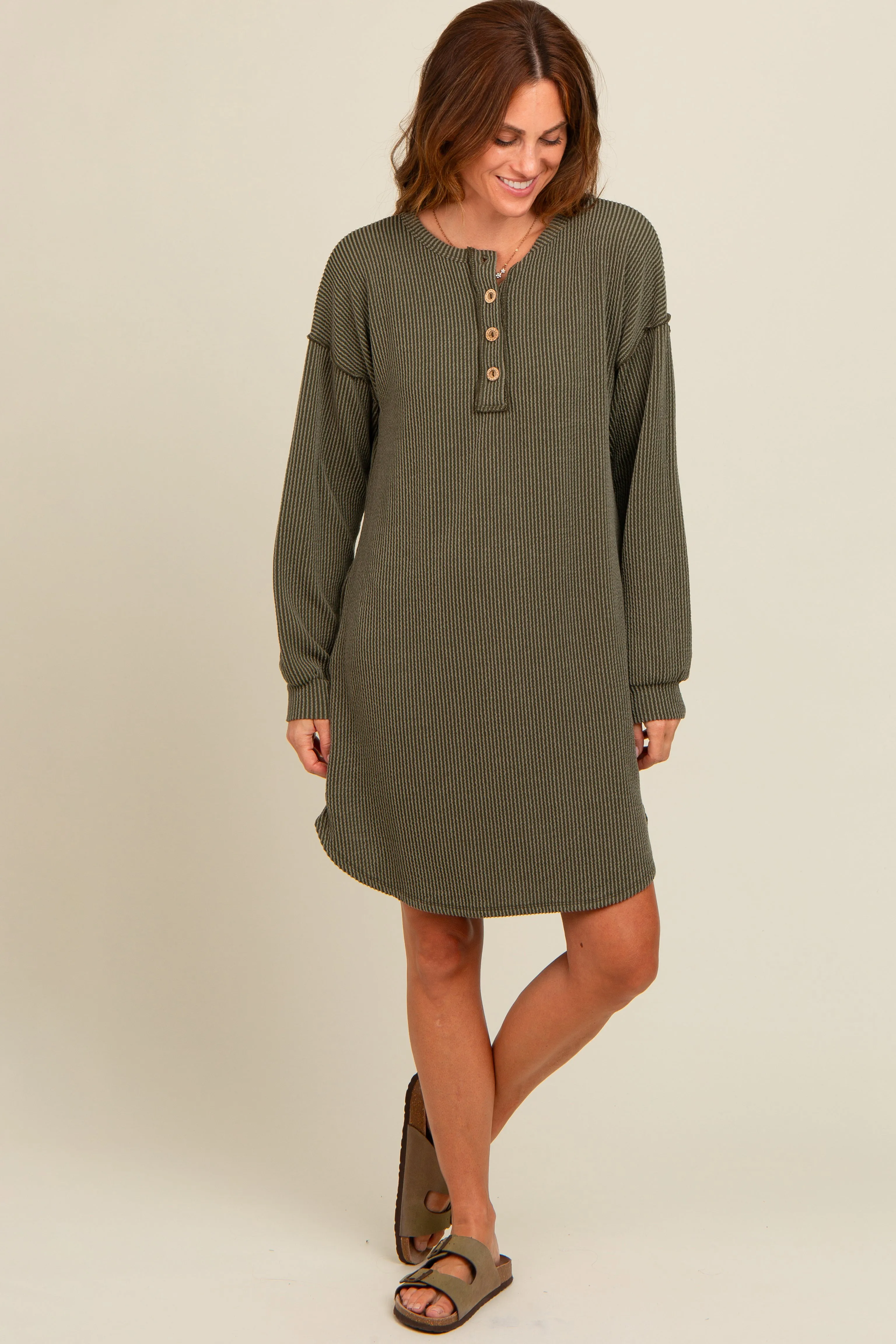 Olive Ribbed Button Accent Dress sold by Pinkblush product image thumbnail 2