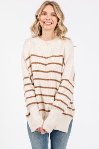 Beige Striped Drop Shoulder Maternity Sweater sold by Pinkblush
