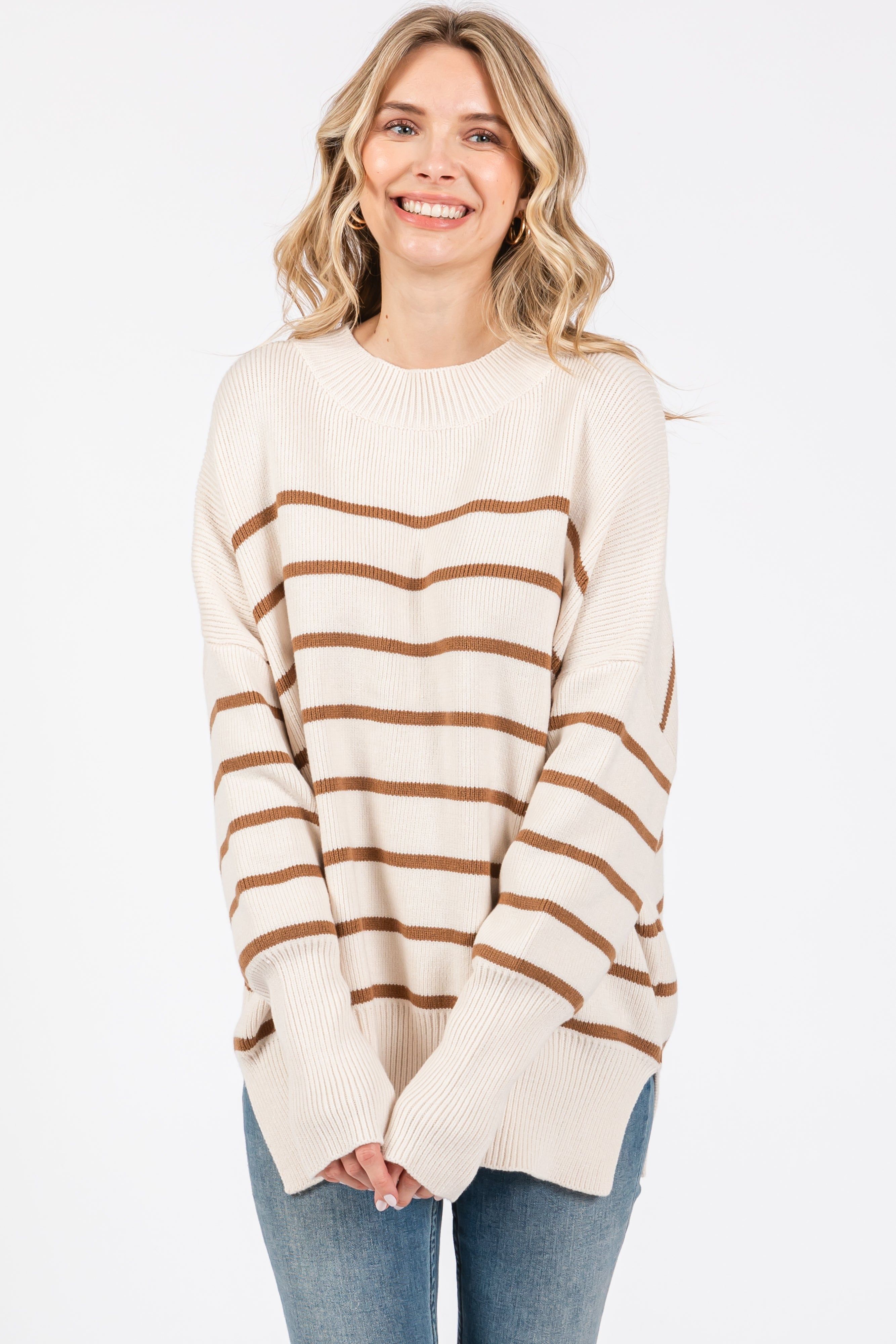 Beige Striped Drop Shoulder Maternity Sweater sold by Pinkblush product image thumbnail 4
