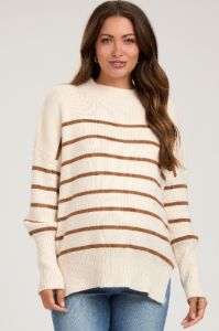 Beige Striped Drop Shoulder Maternity Sweater sold by Pinkblush