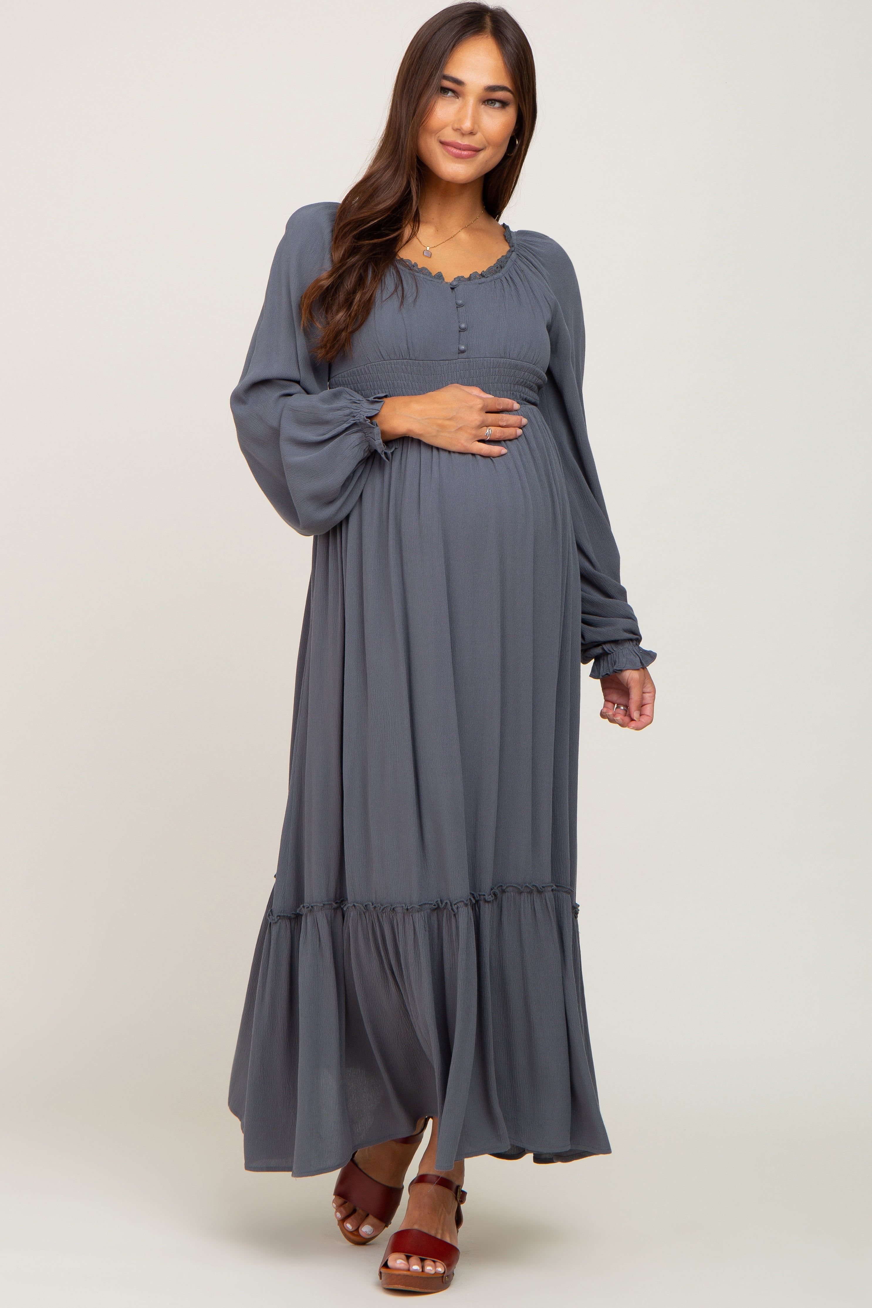 Charcoal Lace Trim Smocked Waist Maternity Maxi Dress sold by Pinkblush product image thumbnail 4