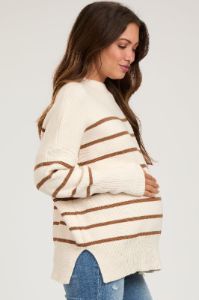 Beige Striped Drop Shoulder Maternity Sweater sold by Pinkblush