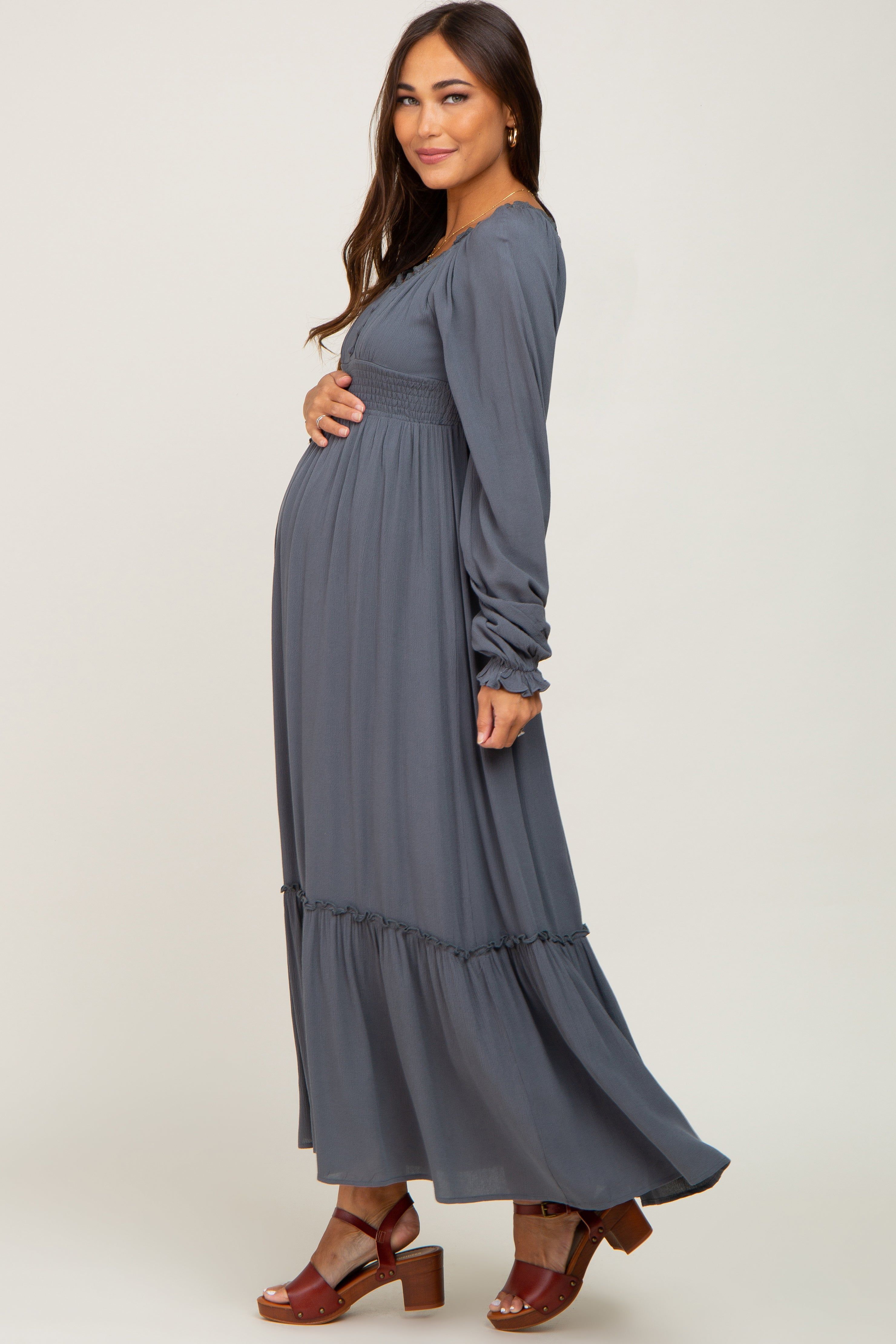 Charcoal Lace Trim Smocked Waist Maternity Maxi Dress sold by Pinkblush product image thumbnail 2