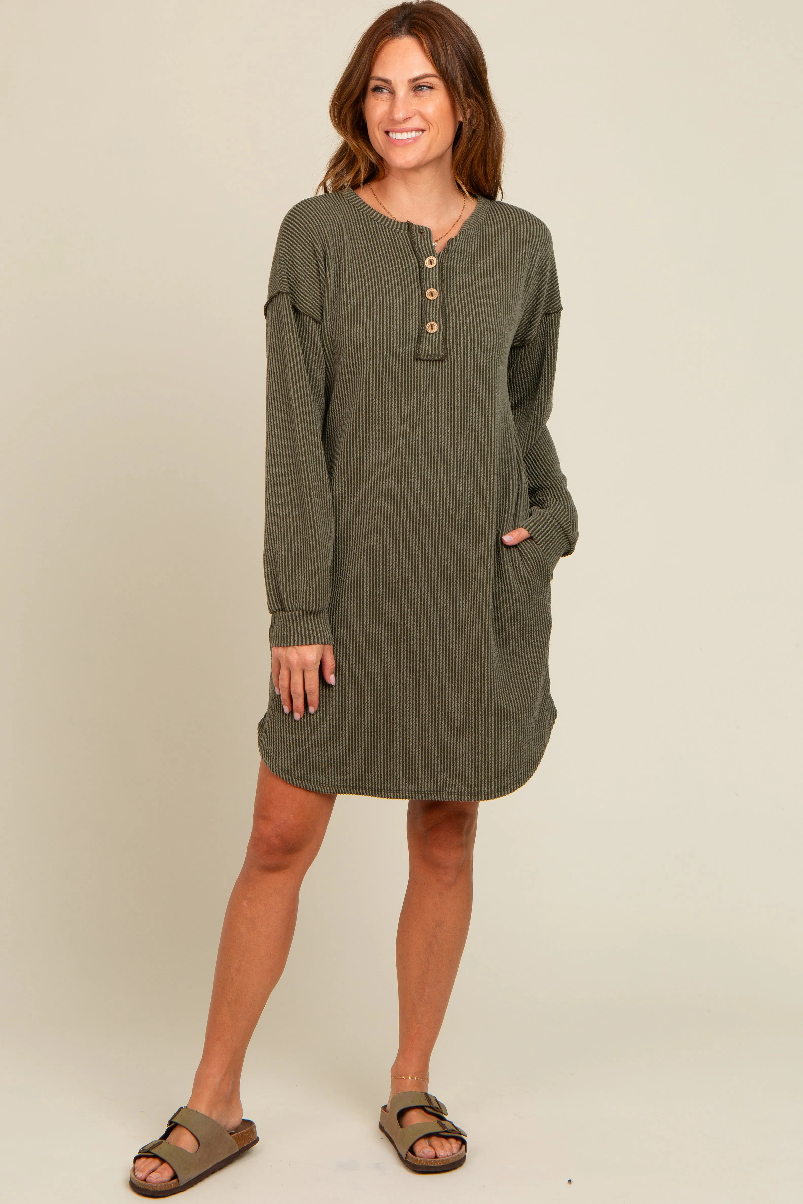Olive Ribbed Button Accent Dress sold by Pinkblush