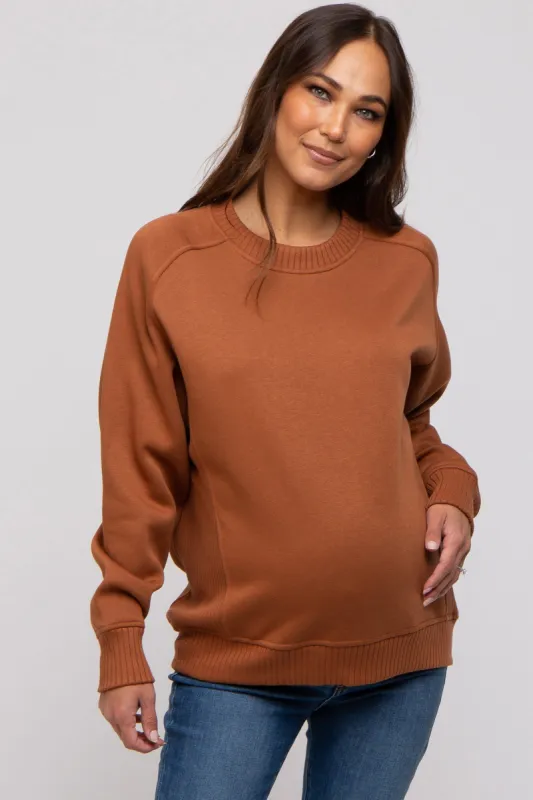 Camel Pullover Maternity Terry Crewneck sold by Pinkblush