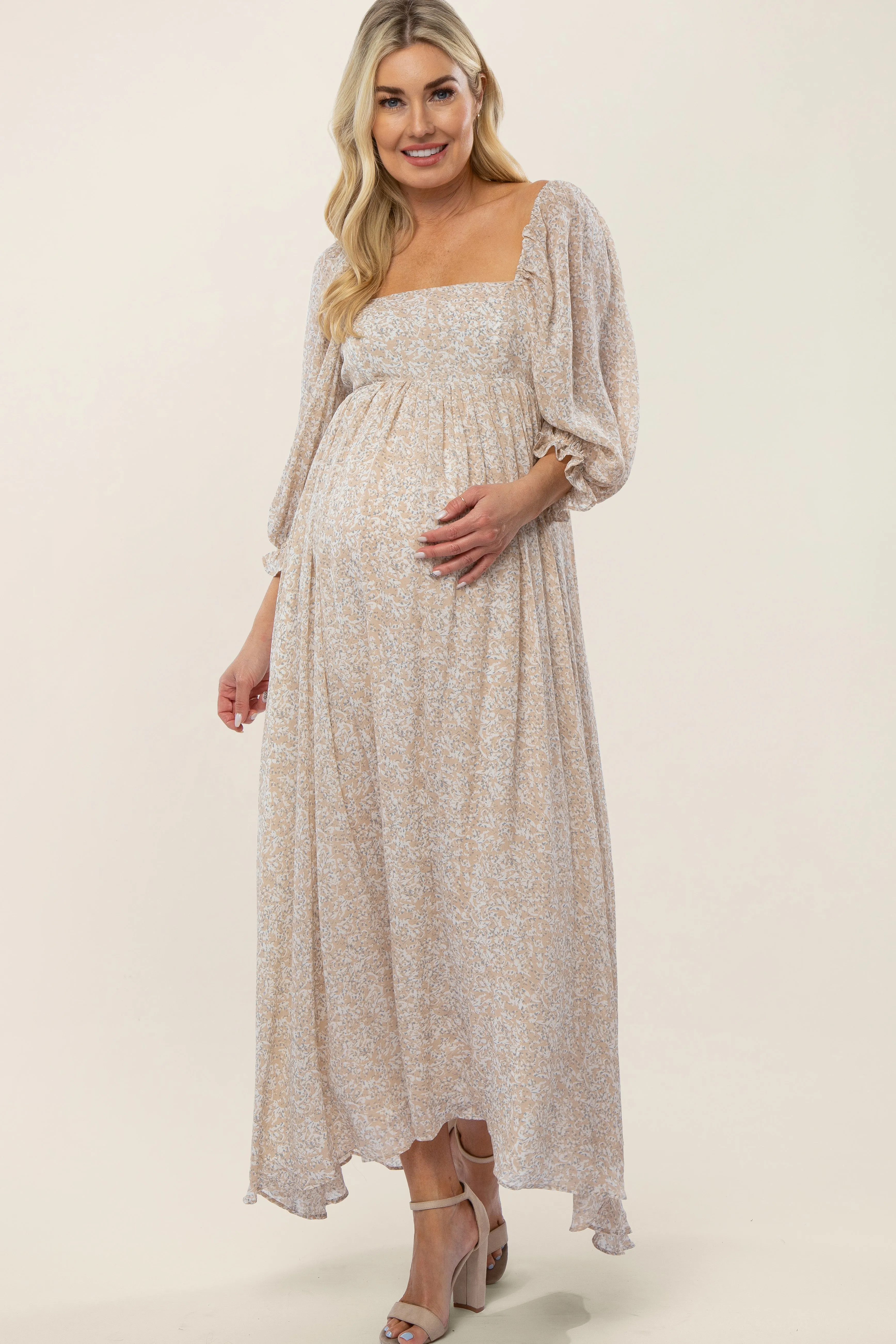 Beige Chiffon Printed Square Neck Empire Maternity Maxi Dress sold by Pinkblush product image thumbnail 3