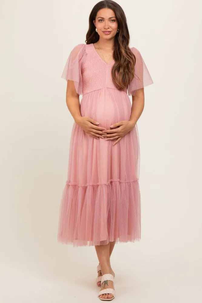 Mauve Dotted Tulle Smocked Maternity Midi Dress sold by Pinkblush product image thumbnail 2