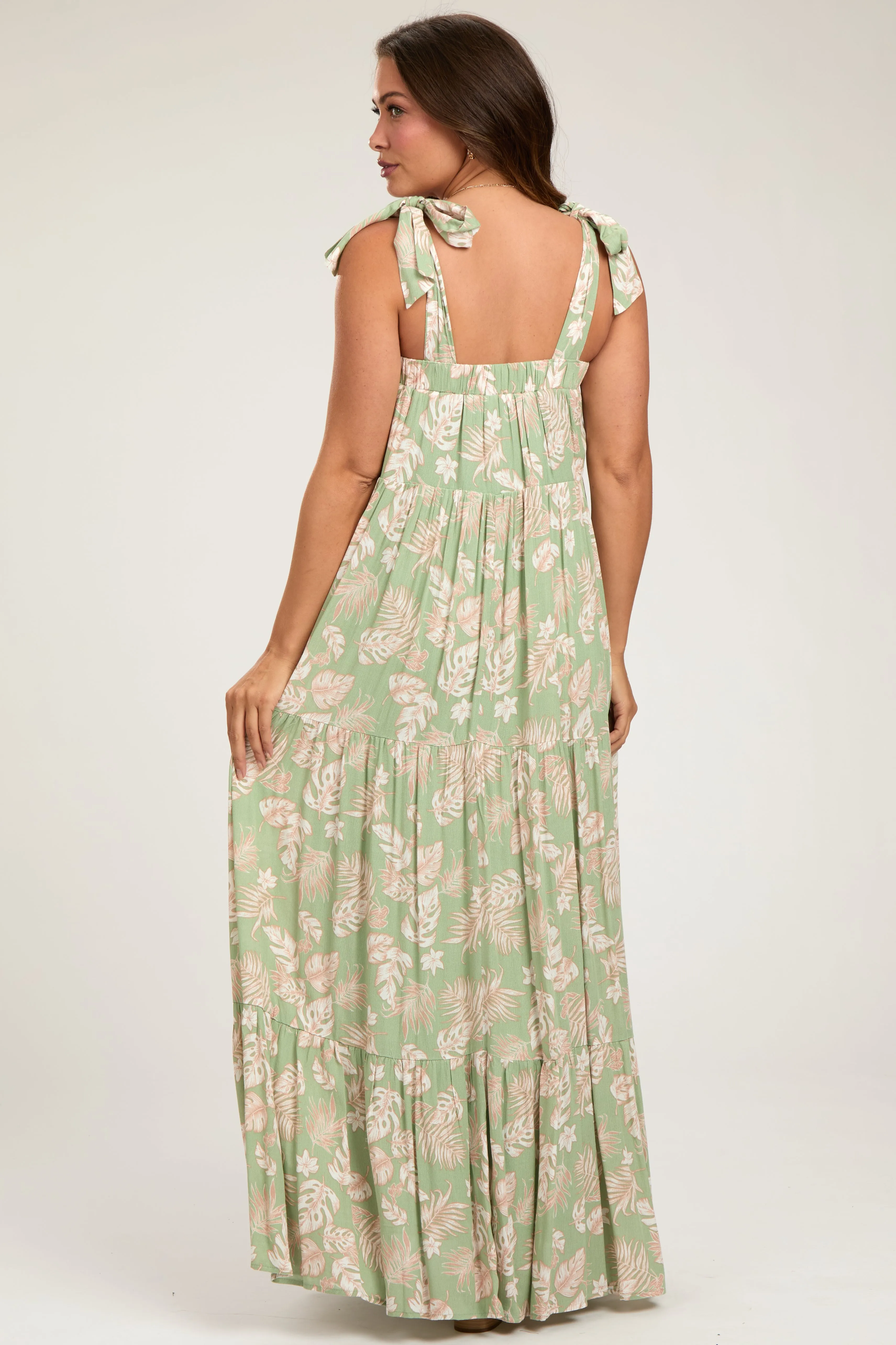 Light Olive Leaf Printed Square Neckline Tie Strap Tiered Maternity Maxi Dress sold by Pinkblush product image thumbnail 4
