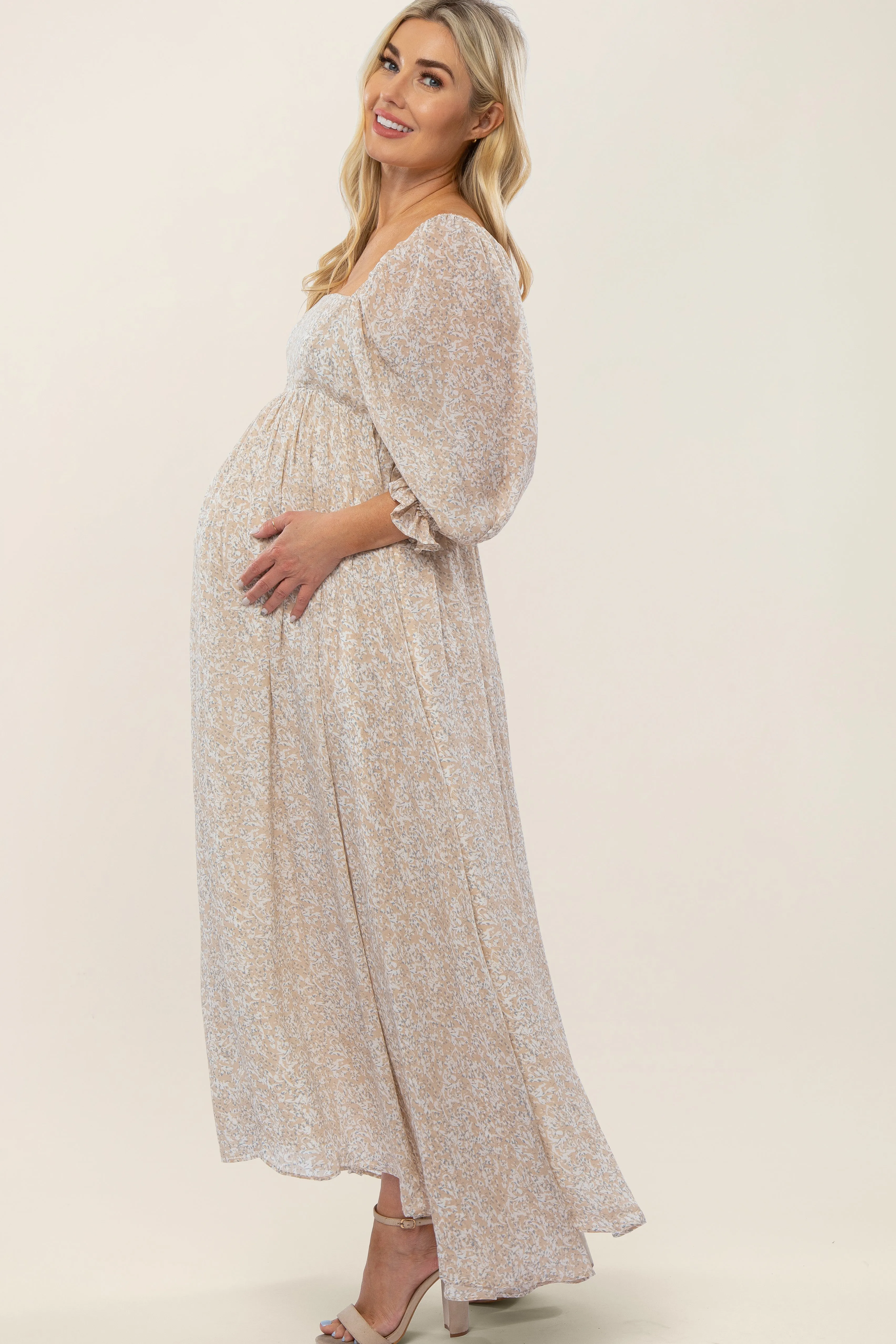 Beige Chiffon Printed Square Neck Empire Maternity Maxi Dress sold by Pinkblush product image thumbnail 4