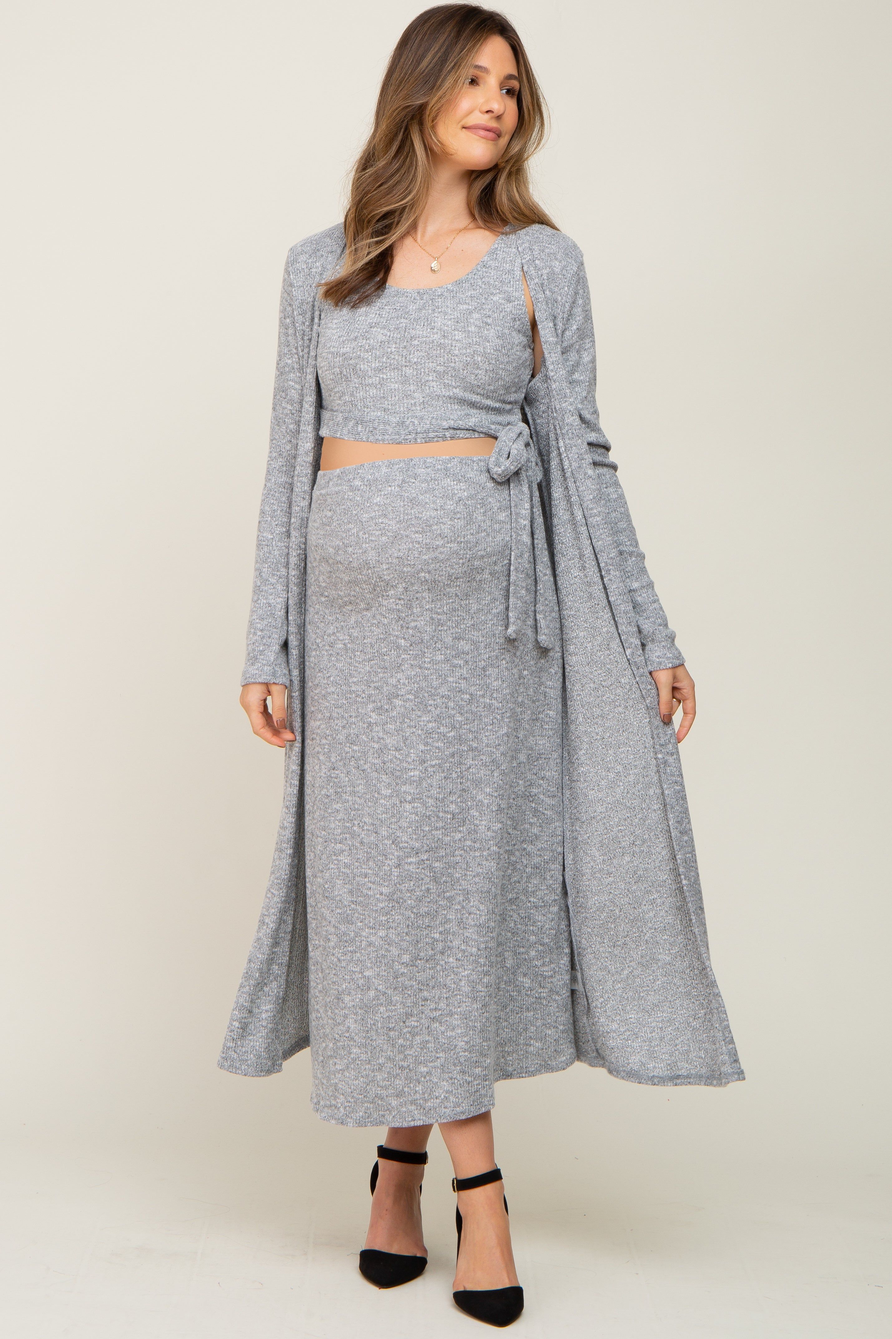 Heather Grey 3-Piece Skirt and Cardigan Maternity Set sold by Pinkblush