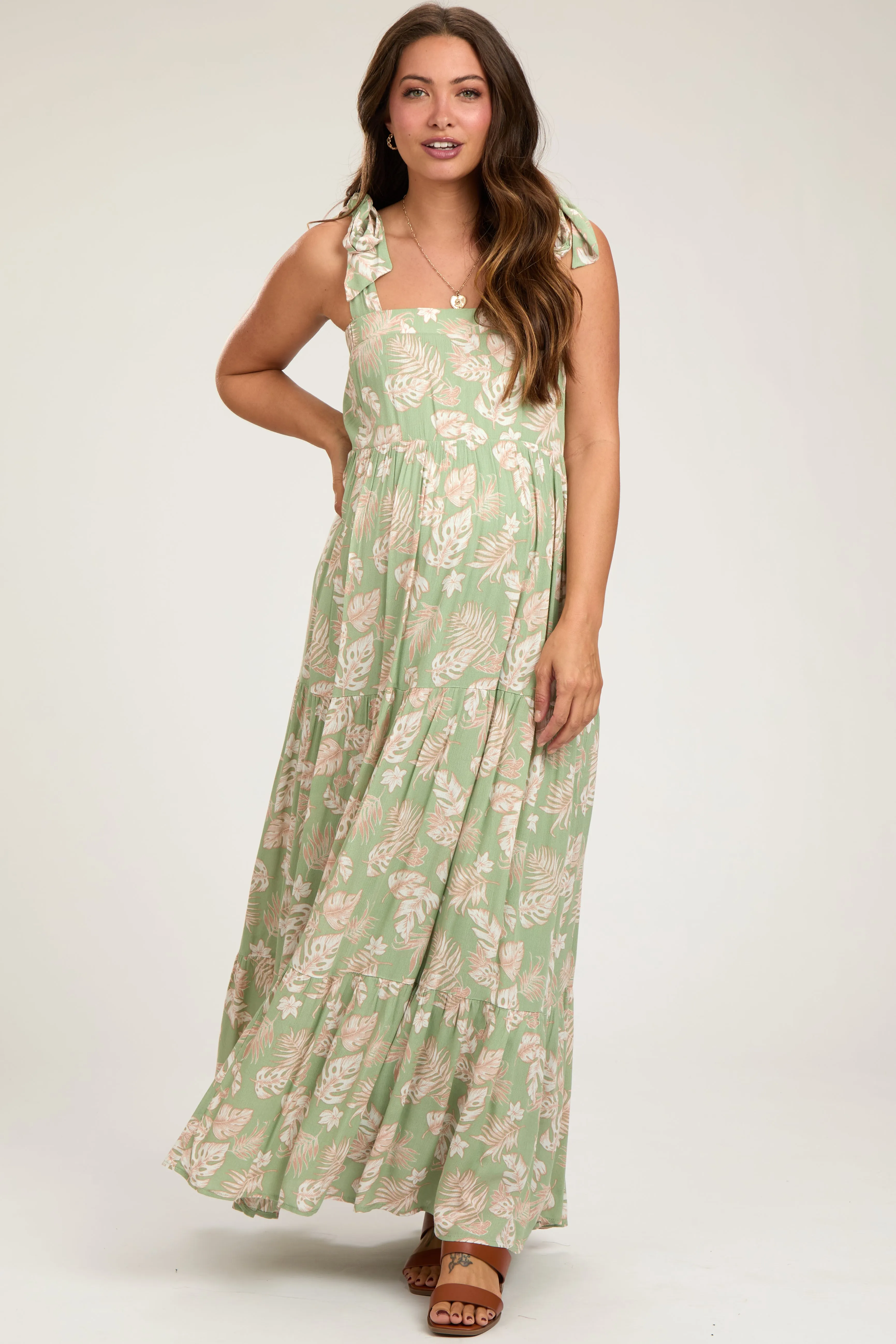 Light Olive Leaf Printed Square Neckline Tie Strap Tiered Maternity Maxi Dress sold by Pinkblush