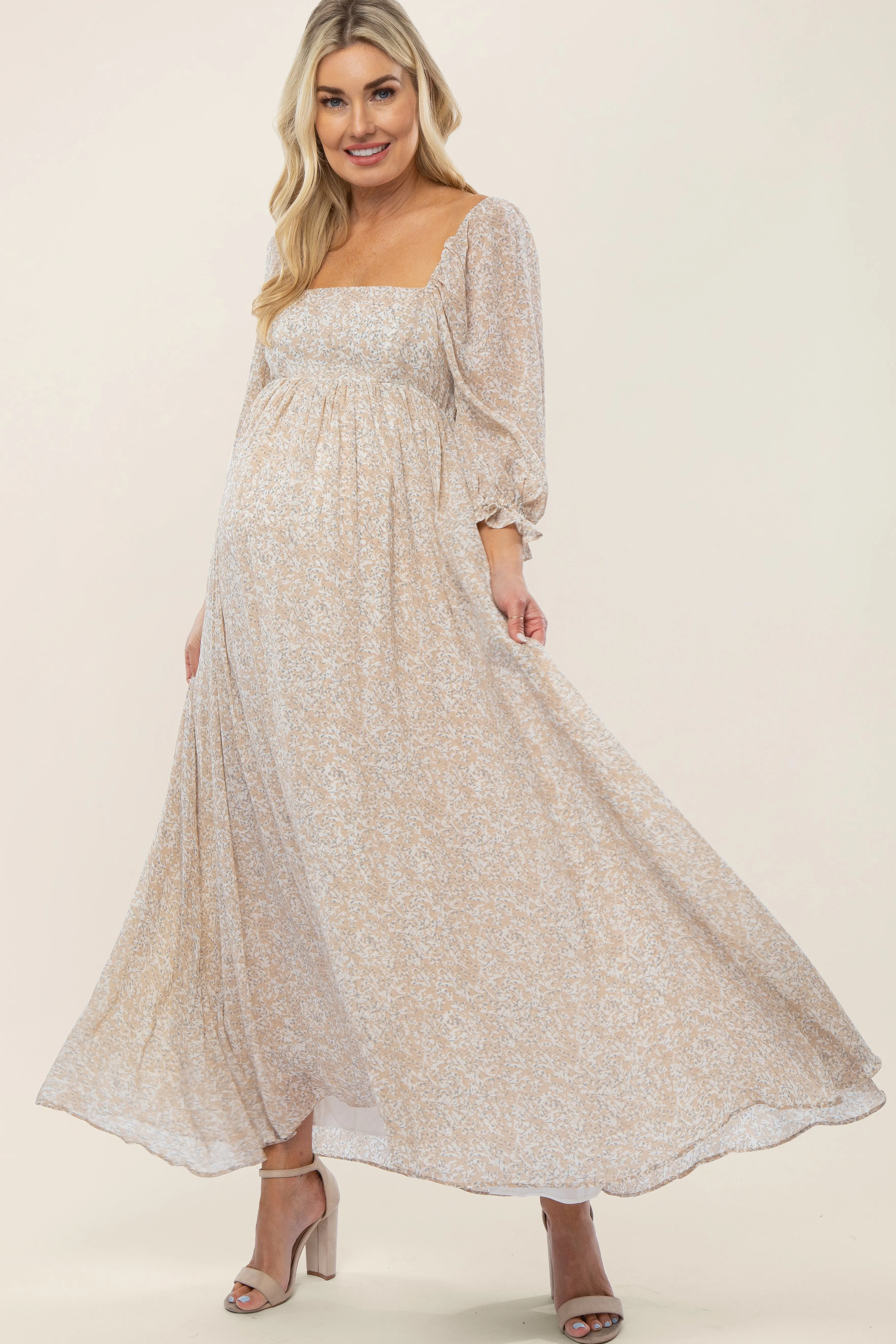 Beige Chiffon Printed Square Neck Empire Maternity Maxi Dress sold by Pinkblush