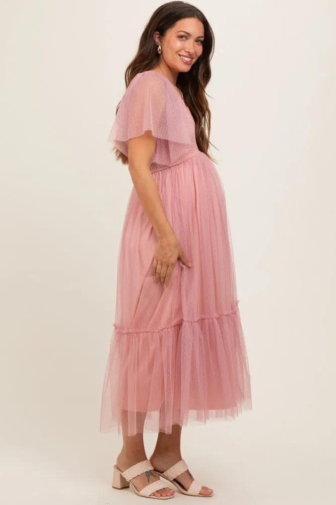 Mauve Dotted Tulle Smocked Maternity Midi Dress sold by Pinkblush product image thumbnail 3