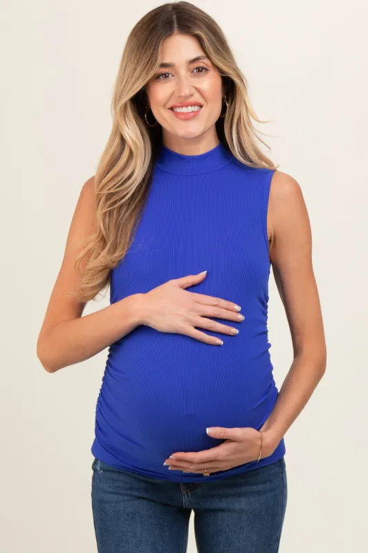 Royal Ribbed Mock Neck Ruched Side Sleeveless Maternity Top sold by Pinkblush