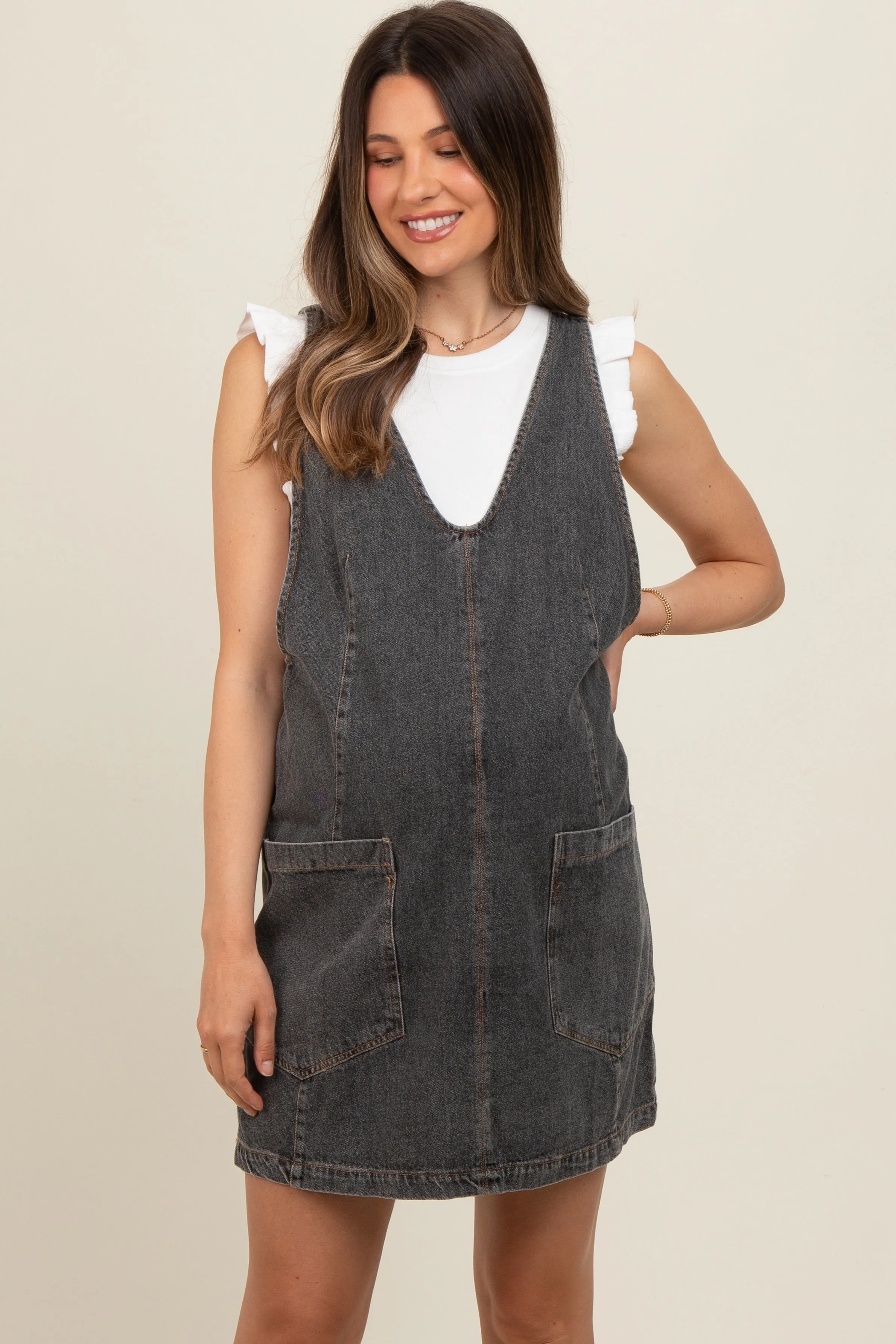 Charcoal Denim Front Pocket Maternity Skirt Overalls sold by Pinkblush