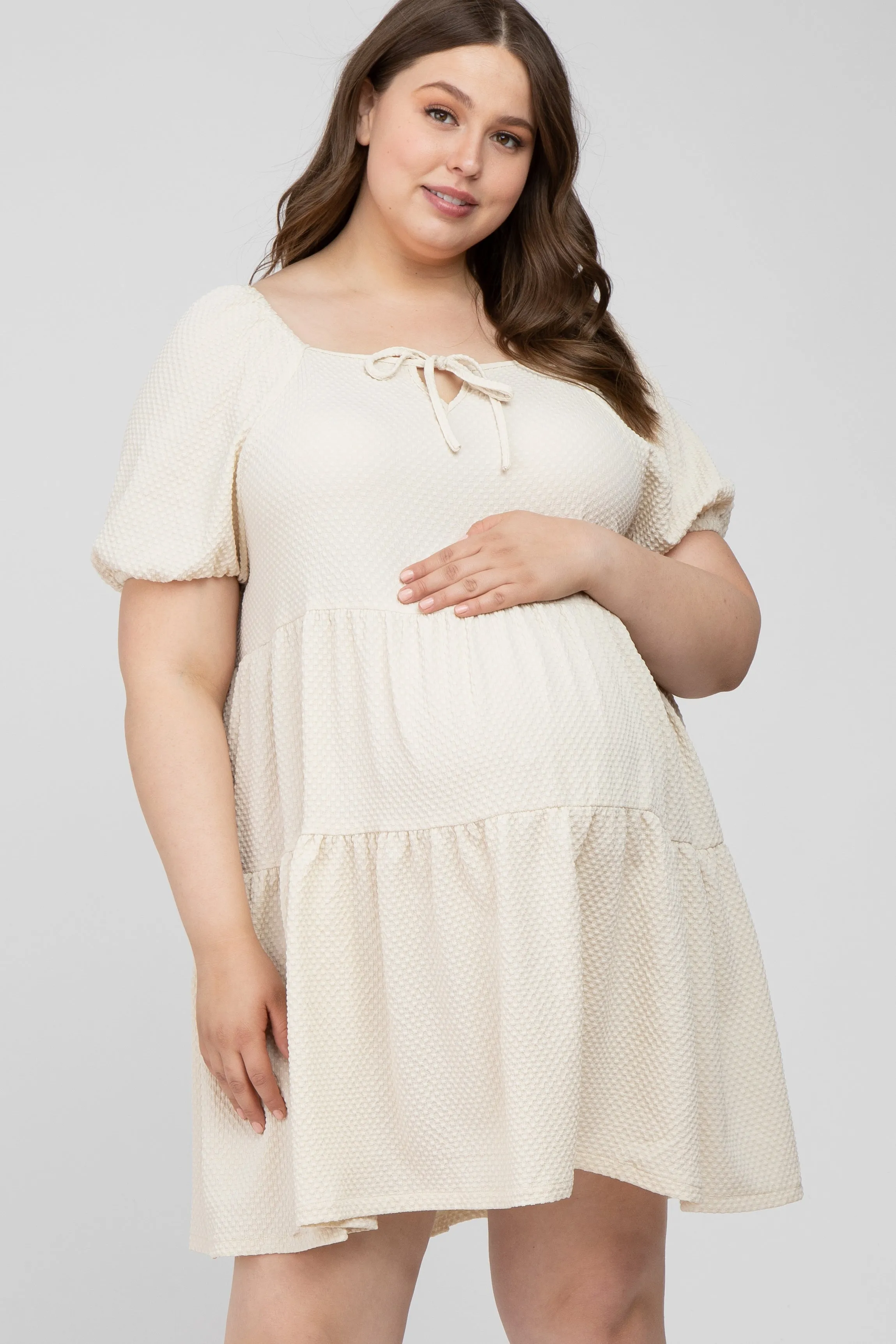 Ivory Textured Tiered Maternity Plus Dress sold by Pinkblush