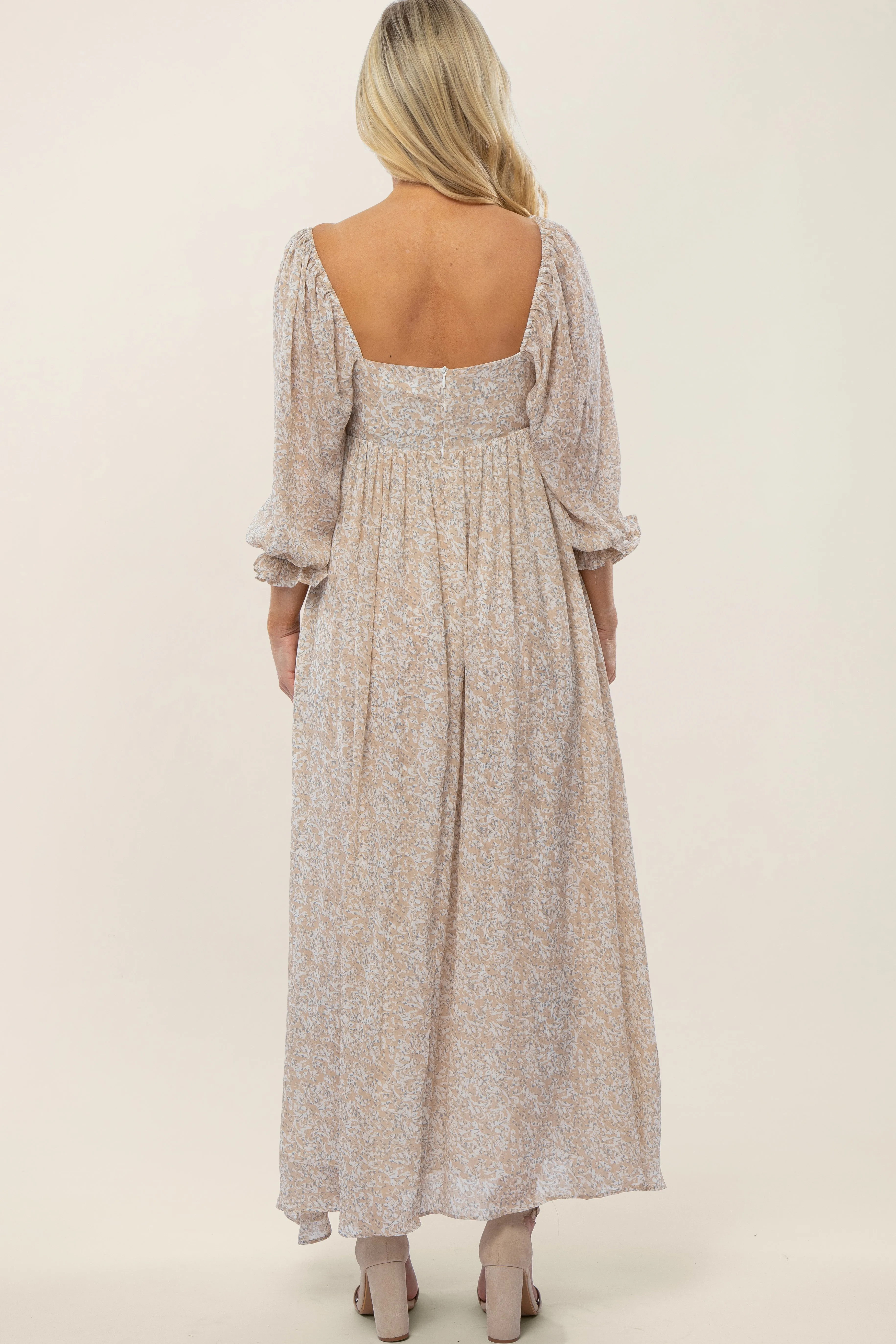 Beige Chiffon Printed Square Neck Empire Maternity Maxi Dress sold by Pinkblush product image thumbnail 5