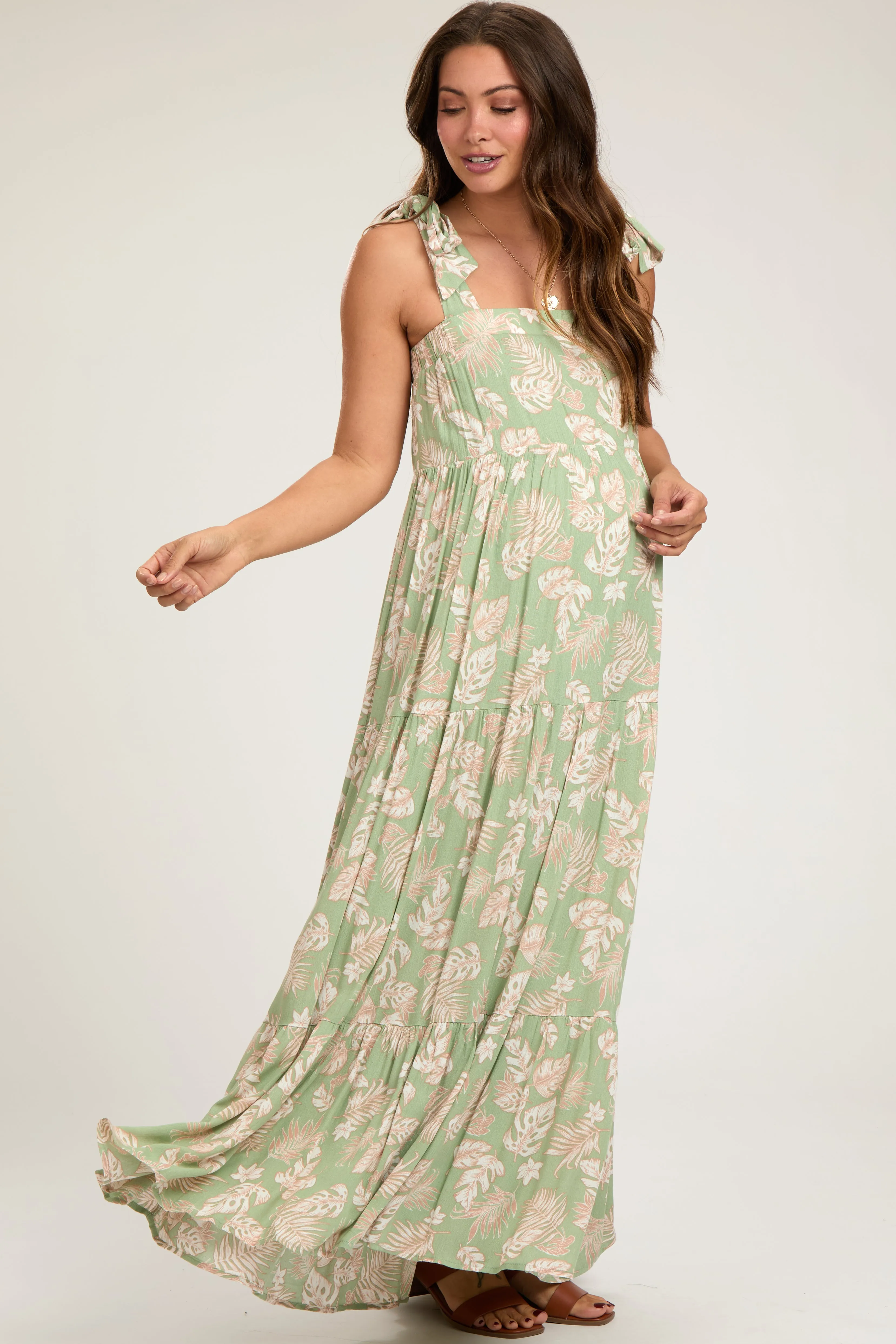Light Olive Leaf Printed Square Neckline Tie Strap Tiered Maternity Maxi Dress sold by Pinkblush product image thumbnail 2