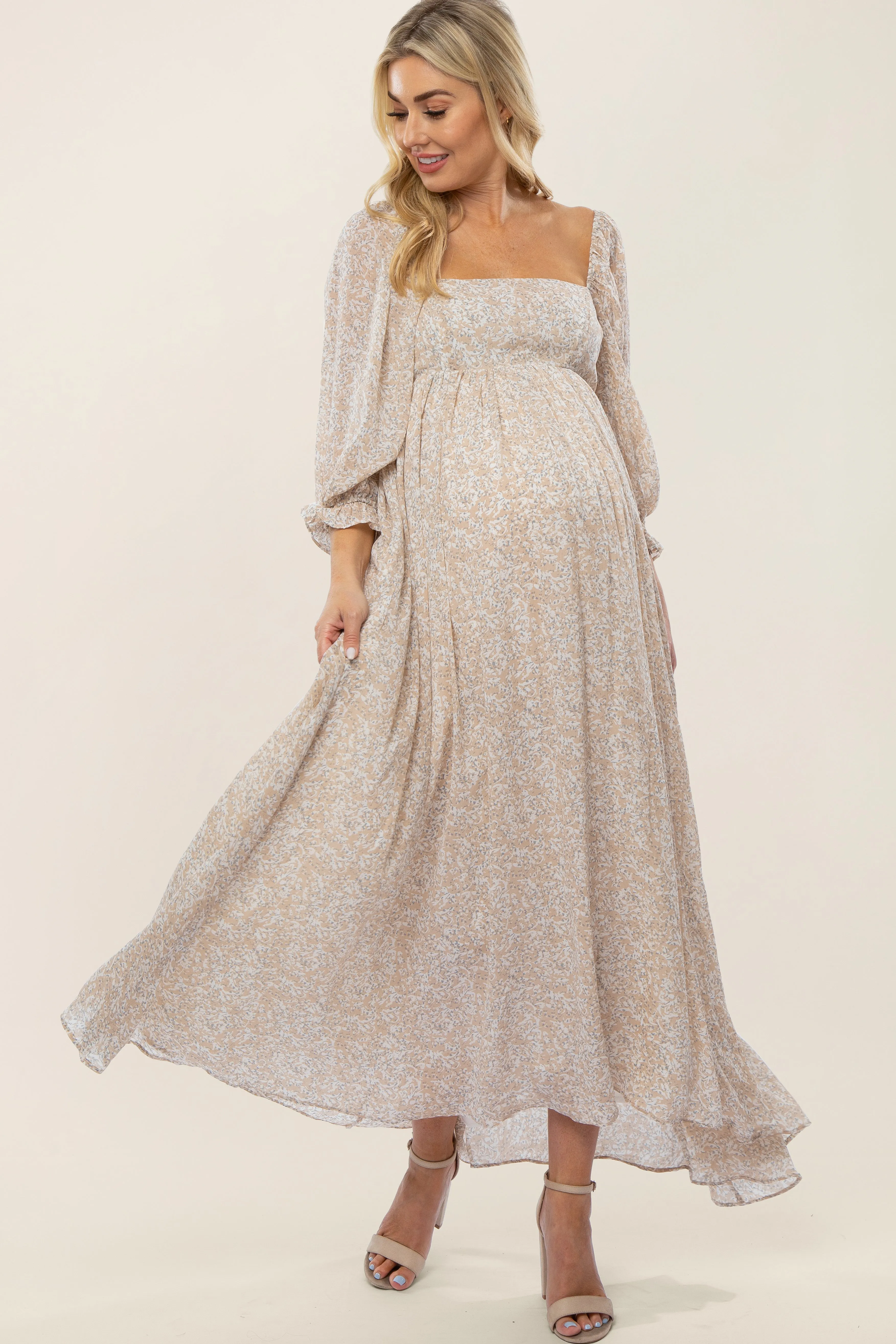 Beige Chiffon Printed Square Neck Empire Maternity Maxi Dress sold by Pinkblush product image thumbnail 2