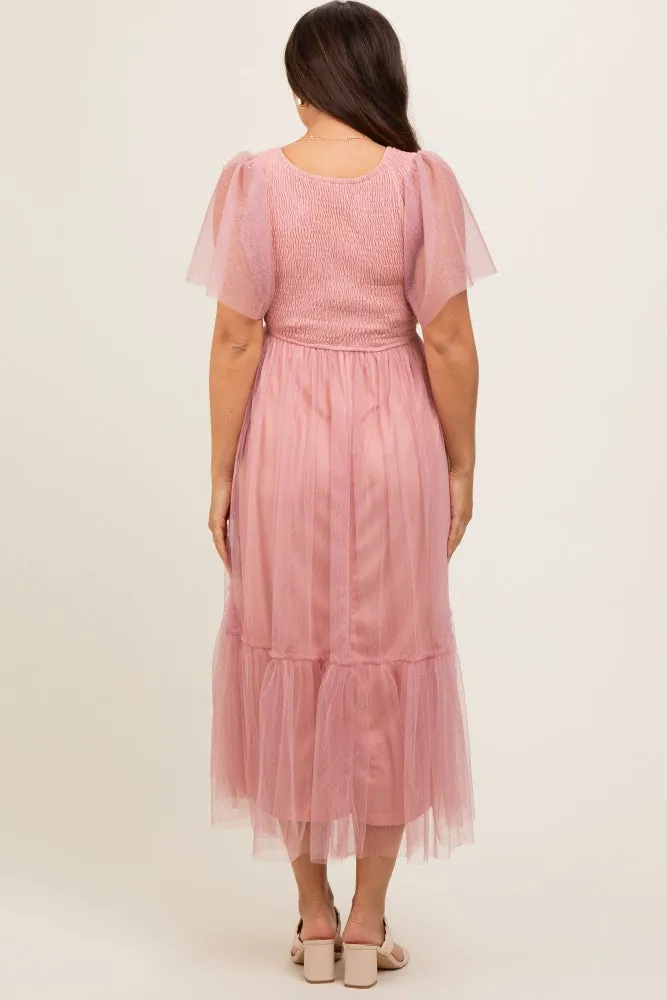 Mauve Dotted Tulle Smocked Maternity Midi Dress sold by Pinkblush product image thumbnail 4