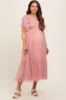 Mauve Dotted Tulle Smocked Maternity Midi Dress sold by Pinkblush
