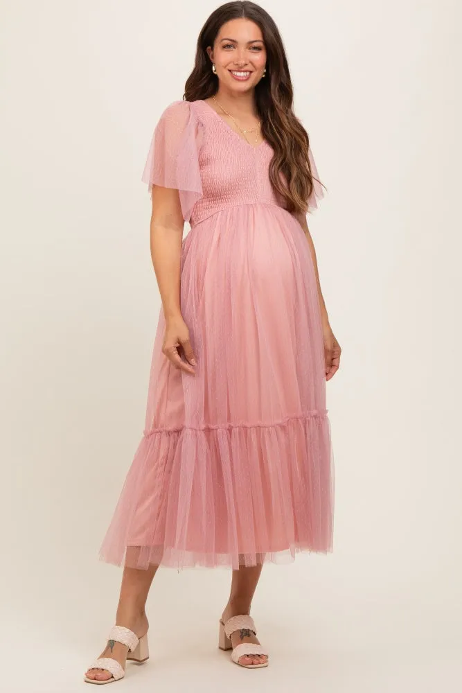 Mauve Dotted Tulle Smocked Maternity Midi Dress sold by Pinkblush