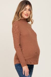 Camel Ribbed Long Sleeve Mock Neck Maternity Top sold by Pinkblush