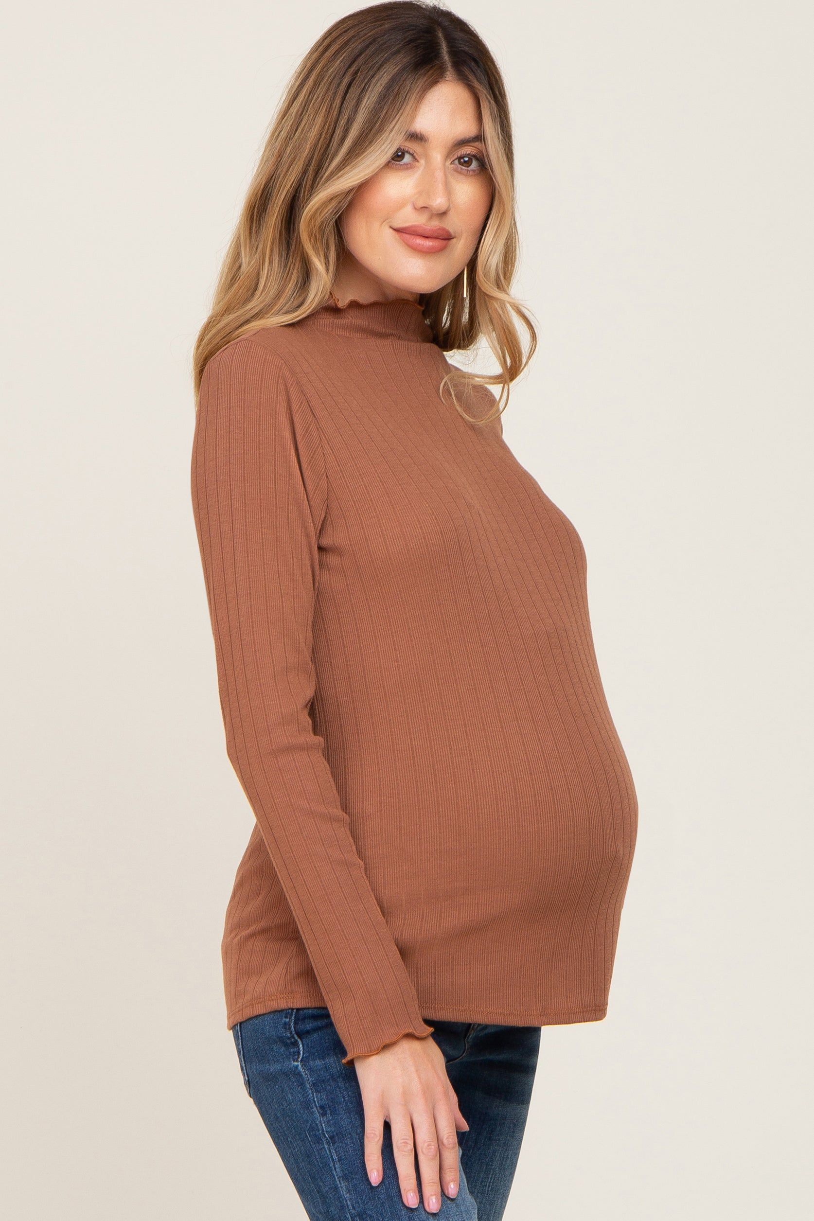 Camel Ribbed Long Sleeve Mock Neck Maternity Top sold by Pinkblush product image thumbnail 2