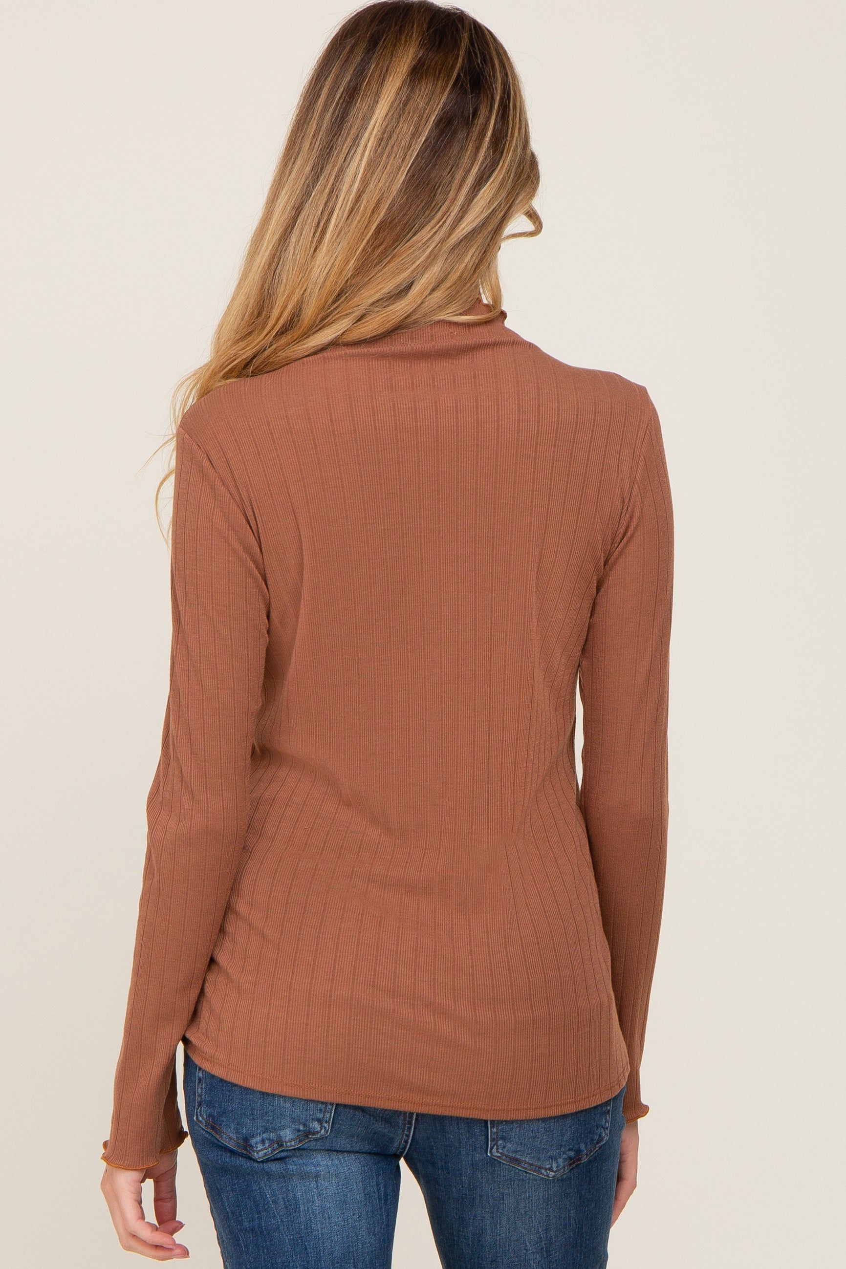 Camel Ribbed Long Sleeve Mock Neck Maternity Top sold by Pinkblush product image thumbnail 3
