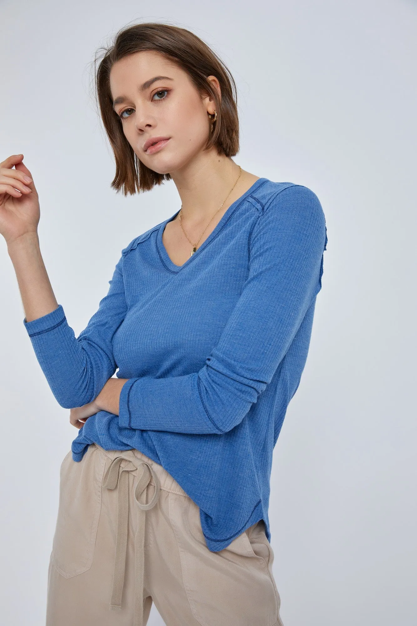 Blue Long Sleeve Knit Curved Hem Top sold by Pinkblush product image thumbnail 2