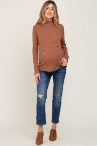 Camel Ribbed Long Sleeve Mock Neck Maternity Top sold by Pinkblush