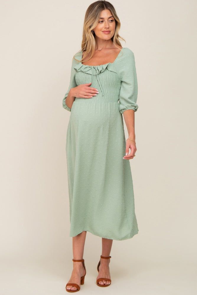 Sage Swiss Dot 3/4 Sleeve Maternity Midi Dress sold by Pinkblush