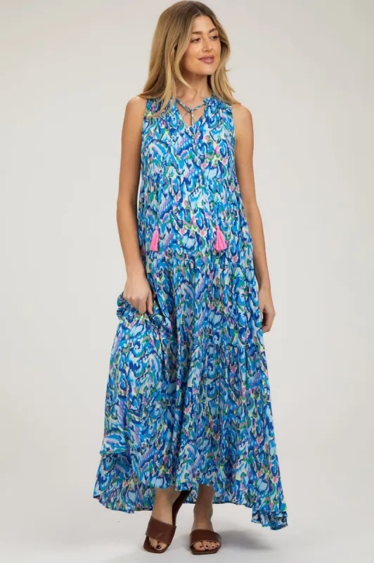 Blue Sleeveless V-Neck Ruffle Neck Tiered Maternity Maxi Dress sold by Pinkblush