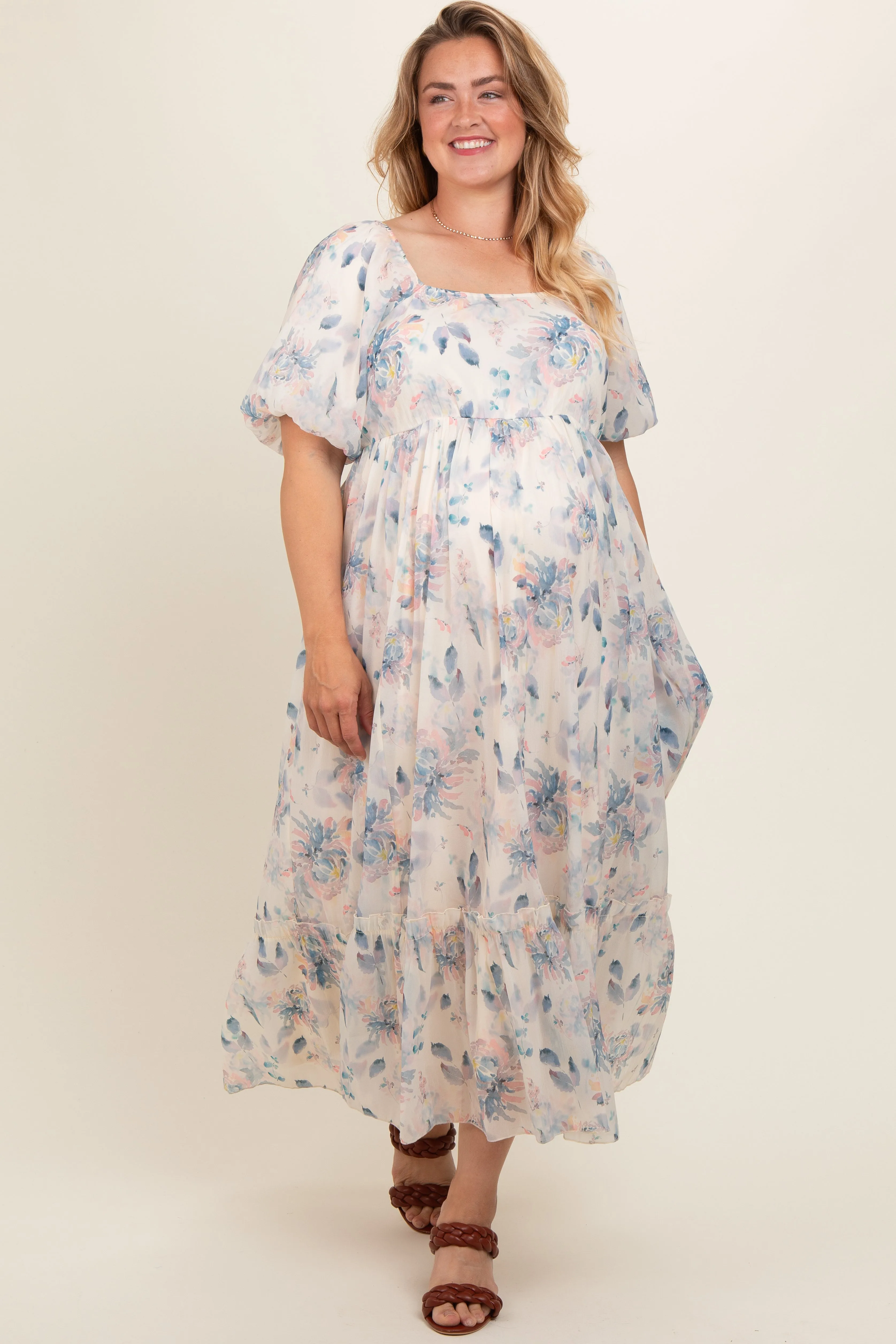 Beige Floral Puff Sleeve Plus Maternity Maxi Dress sold by Pinkblush product image thumbnail 2