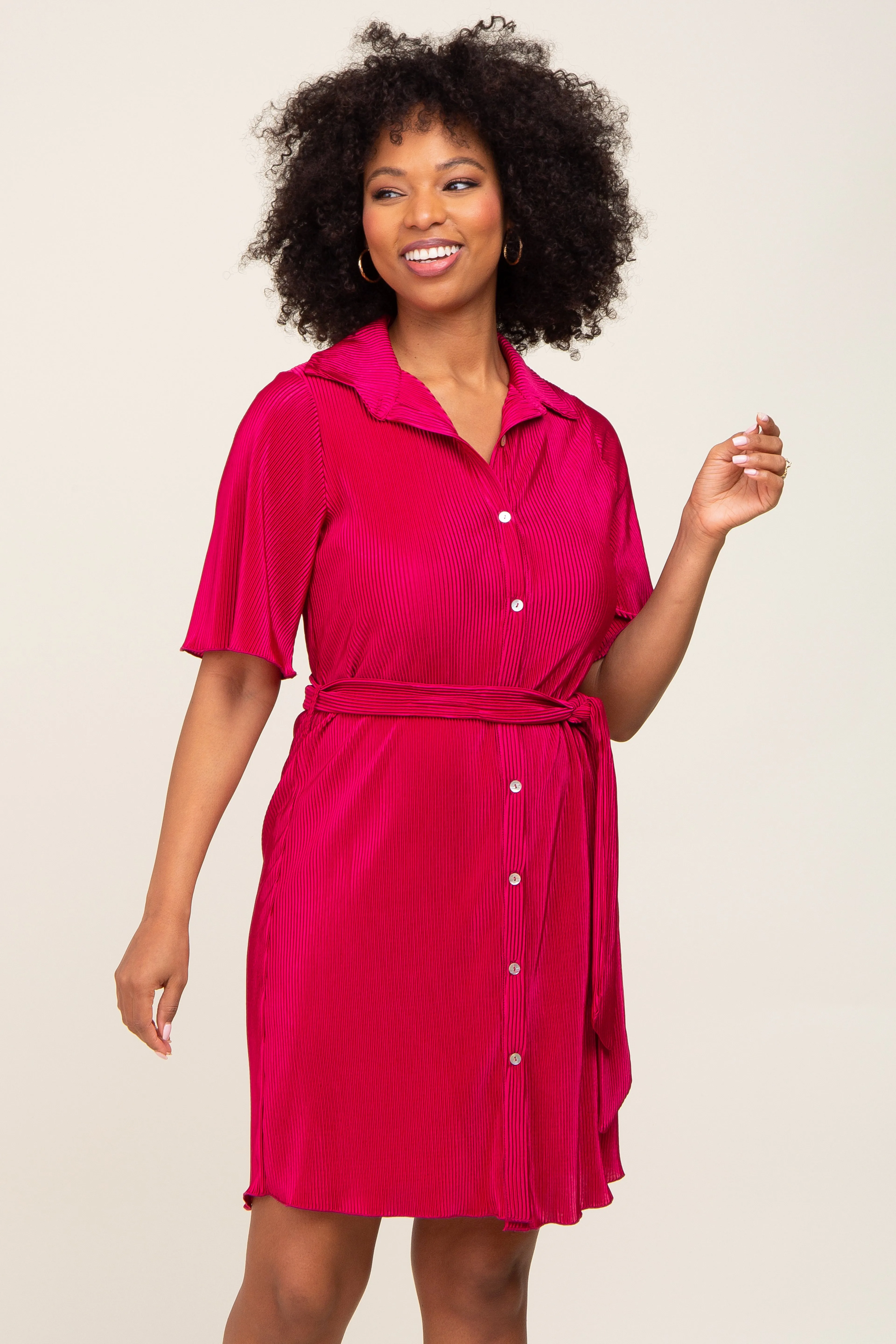 Magenta Pleated Button Front Tied Waist Maternity Dress sold by Pinkblush product image thumbnail 5