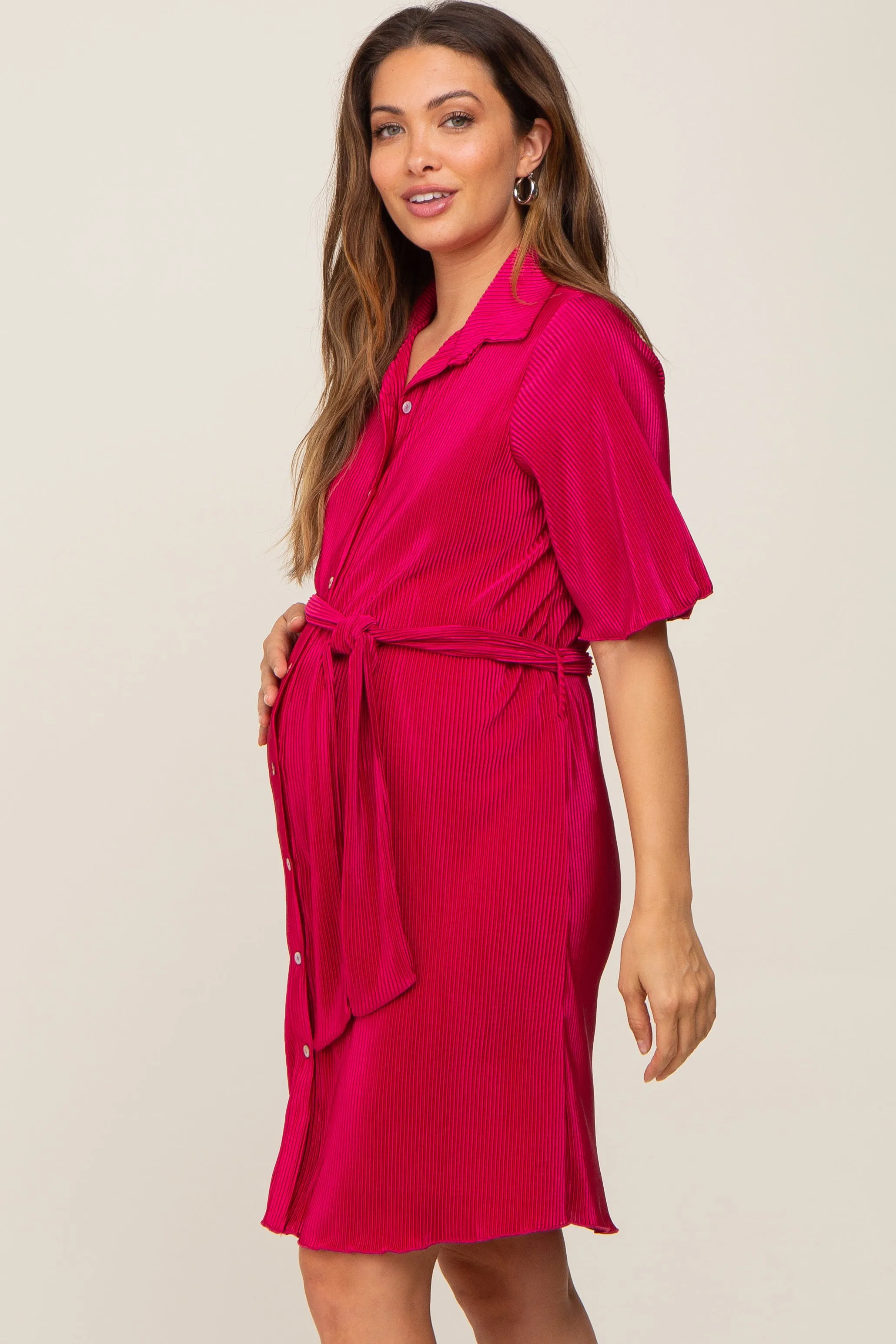 Magenta Pleated Button Front Tied Waist Maternity Dress sold by Pinkblush product image thumbnail 2