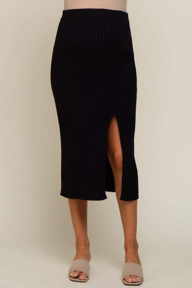 Black Ribbed Knit Front Slit Maternity Midi Skirt sold by Pinkblush product image thumbnail 2