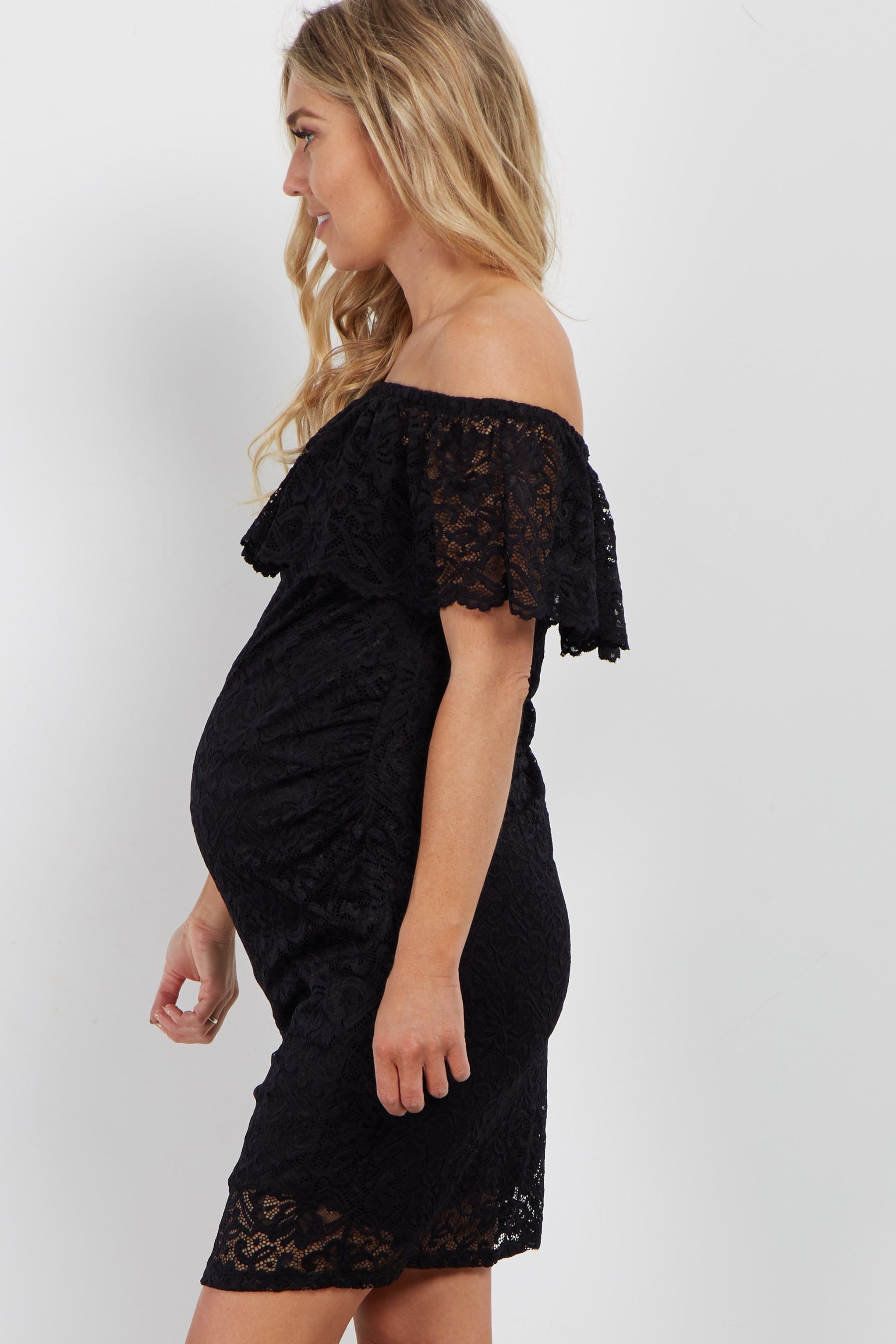 Black Lace Off Shoulder Fitted Maternity Dress sold by Pinkblush product image thumbnail 4