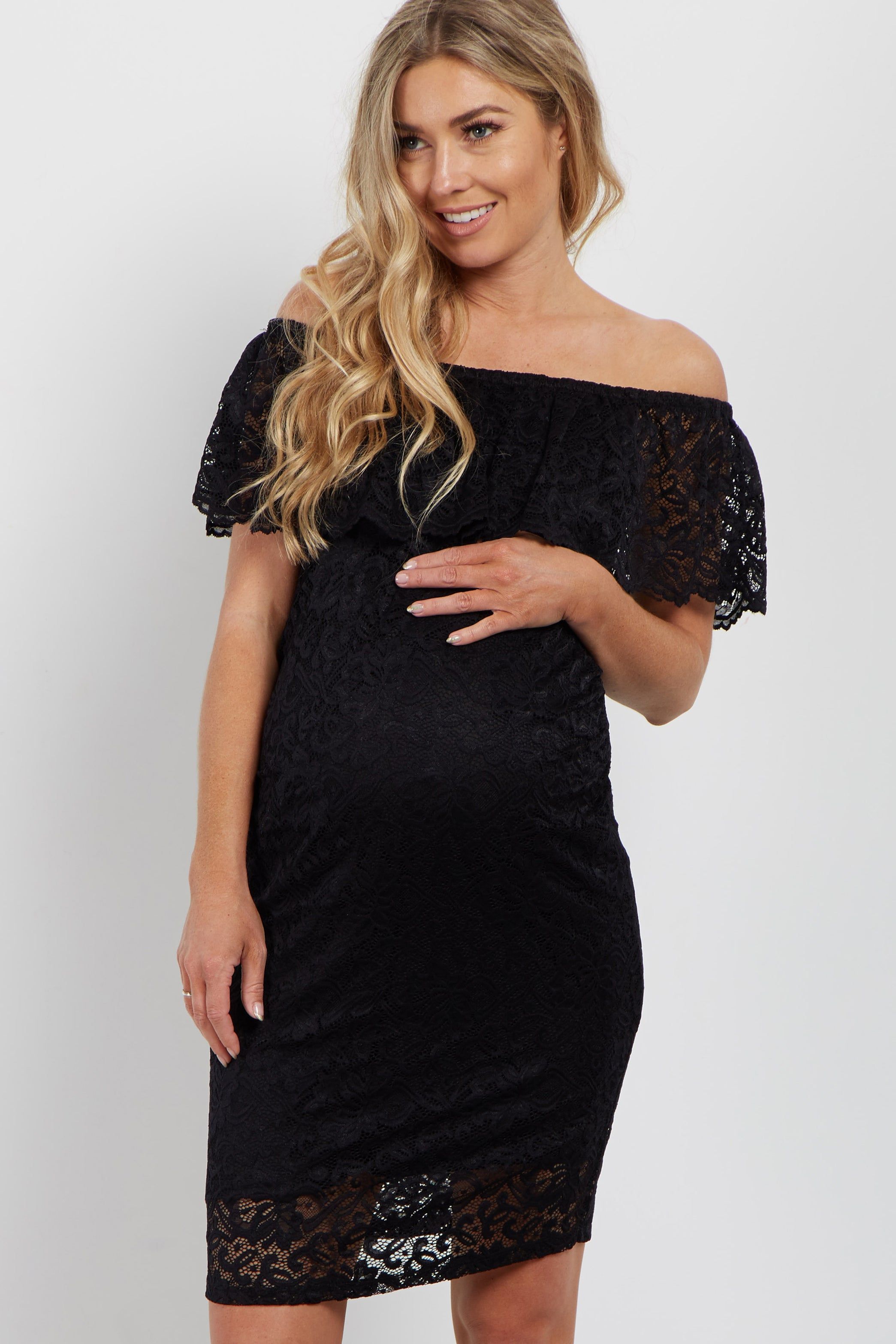 Black Lace Off Shoulder Fitted Maternity Dress sold by Pinkblush