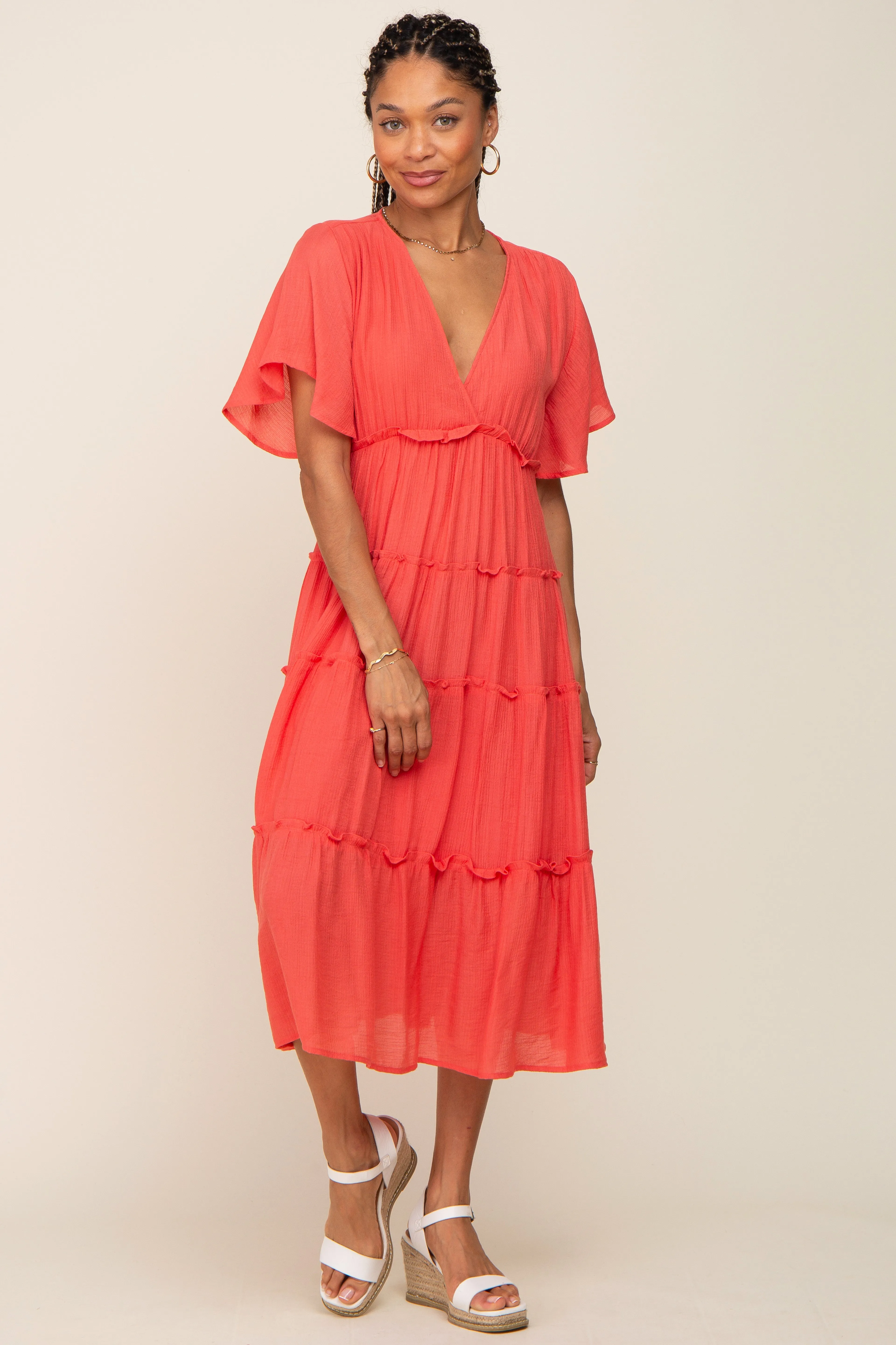Coral Ruffle Tiered V-Neck Midi Dress sold by Pinkblush product image thumbnail 4