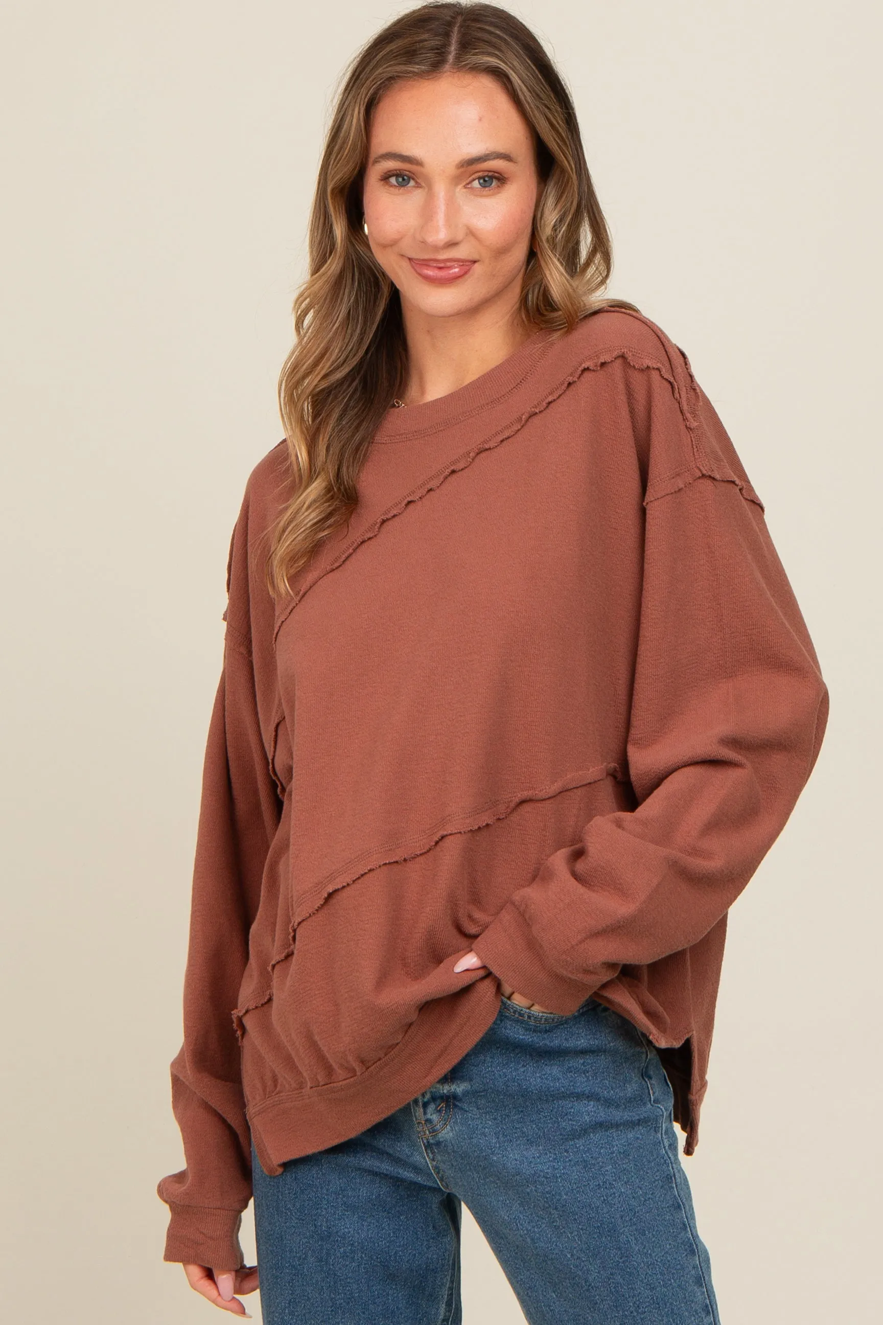 Brown Exposed Seam Dolman Sleeve Maternity Sweatshirt sold by Pinkblush product image thumbnail 4