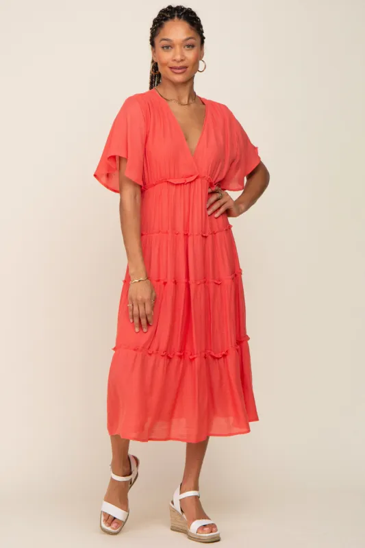 Coral Ruffle Tiered V-Neck Midi Dress sold by Pinkblush