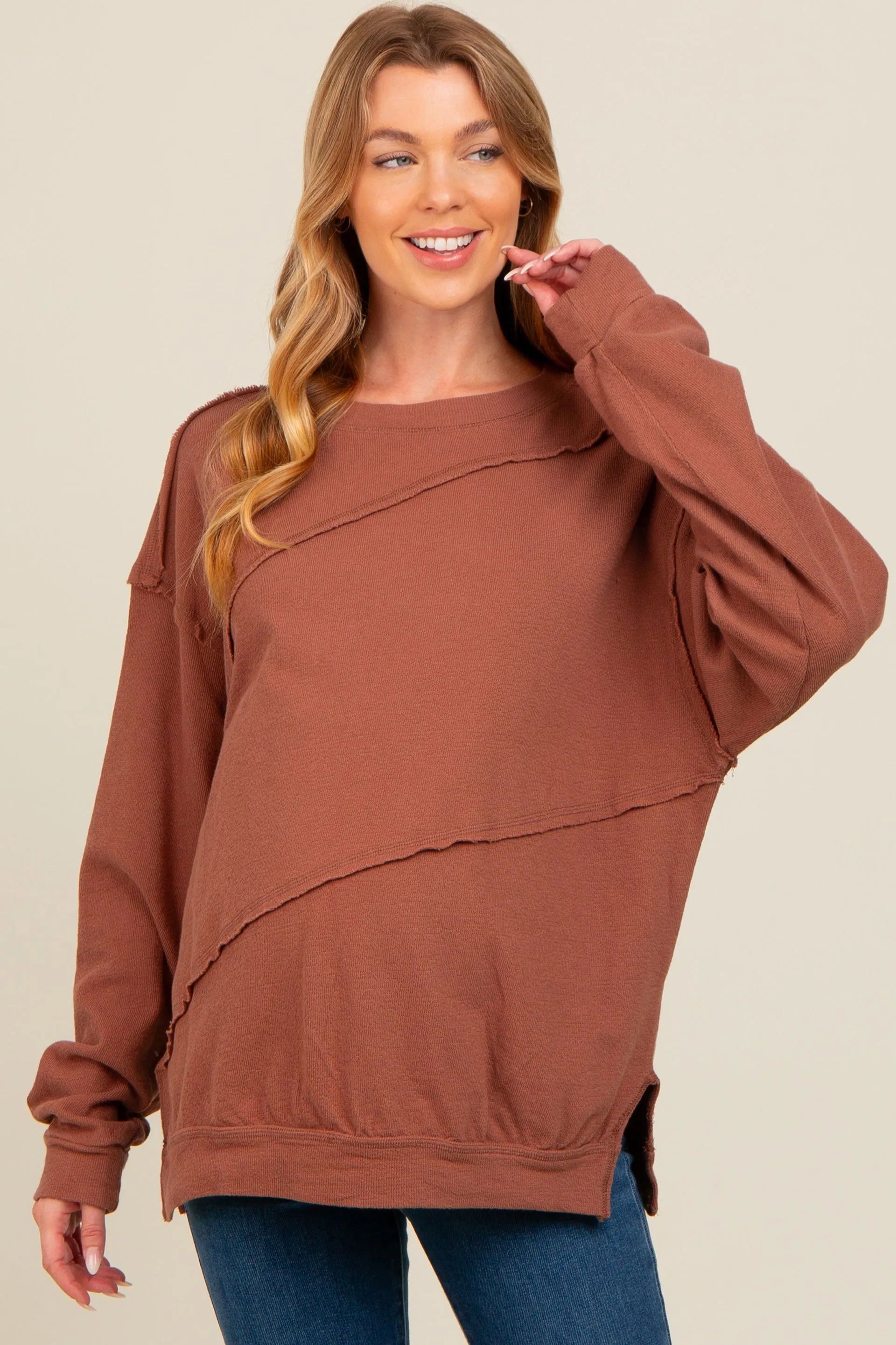 Brown Exposed Seam Dolman Sleeve Maternity Sweatshirt sold by Pinkblush
