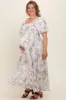 Beige Floral Puff Sleeve Plus Maternity Maxi Dress sold by Pinkblush