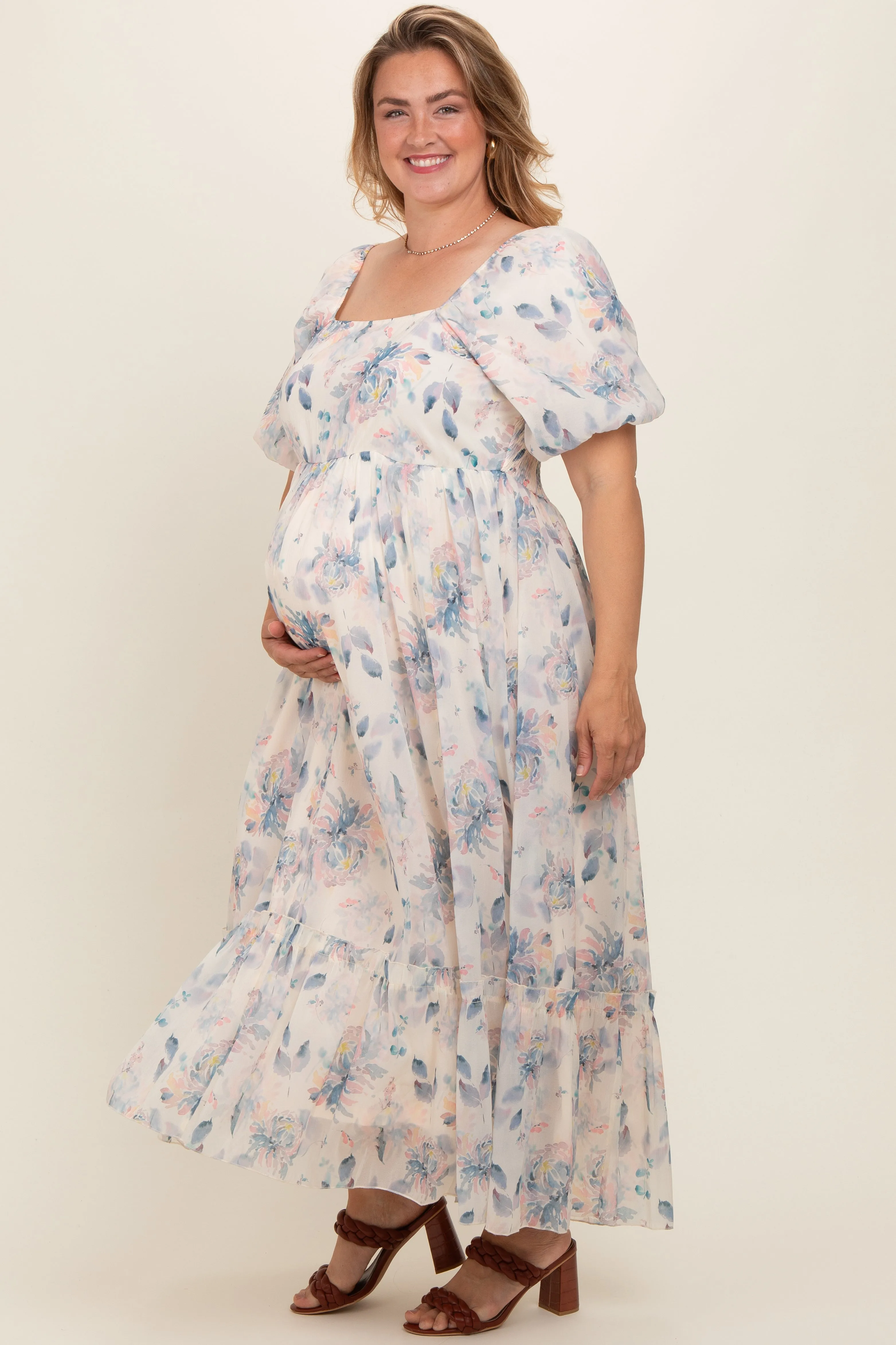 Beige Floral Puff Sleeve Plus Maternity Maxi Dress sold by Pinkblush product image thumbnail 3