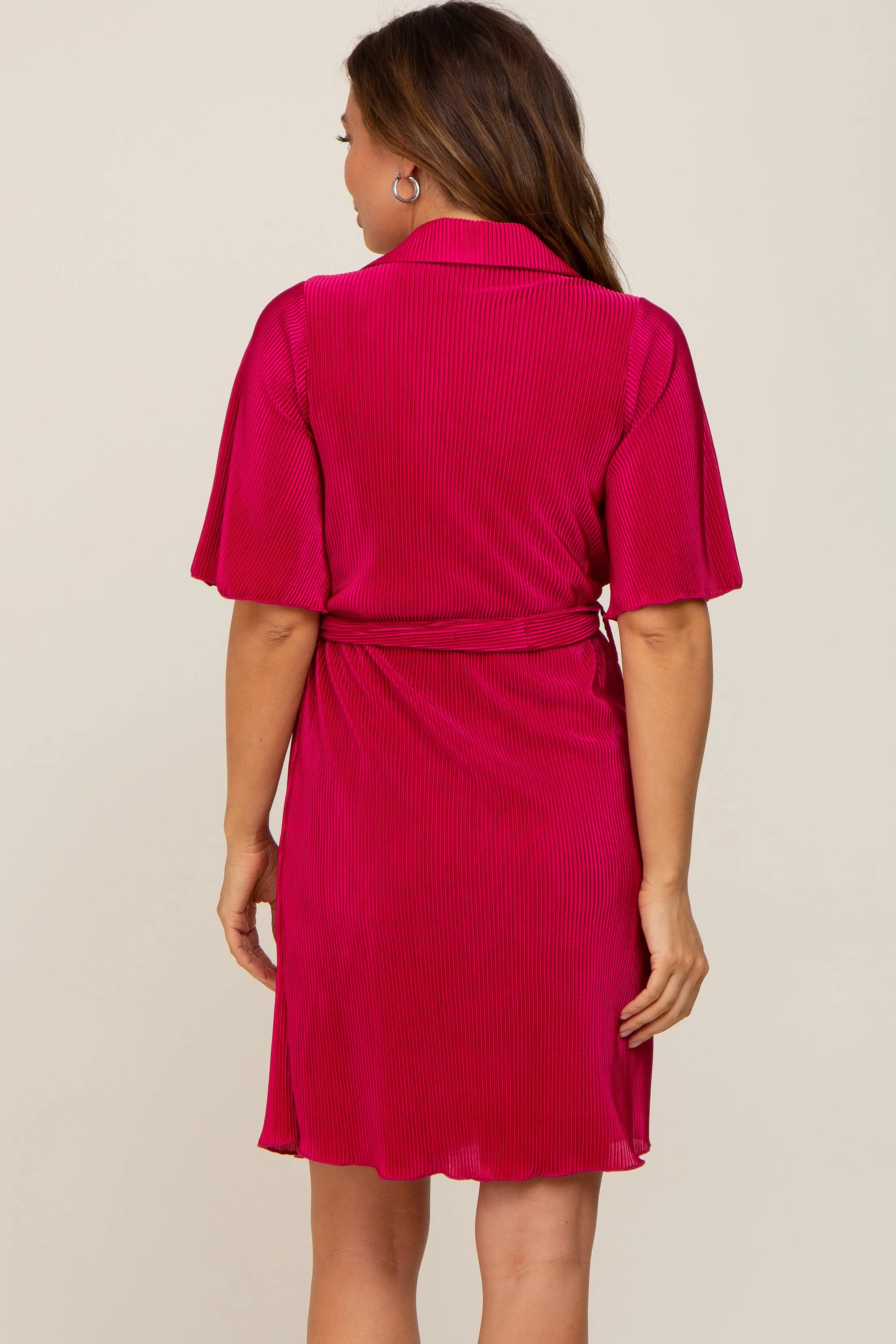 Magenta Pleated Button Front Tied Waist Maternity Dress sold by Pinkblush product image thumbnail 3