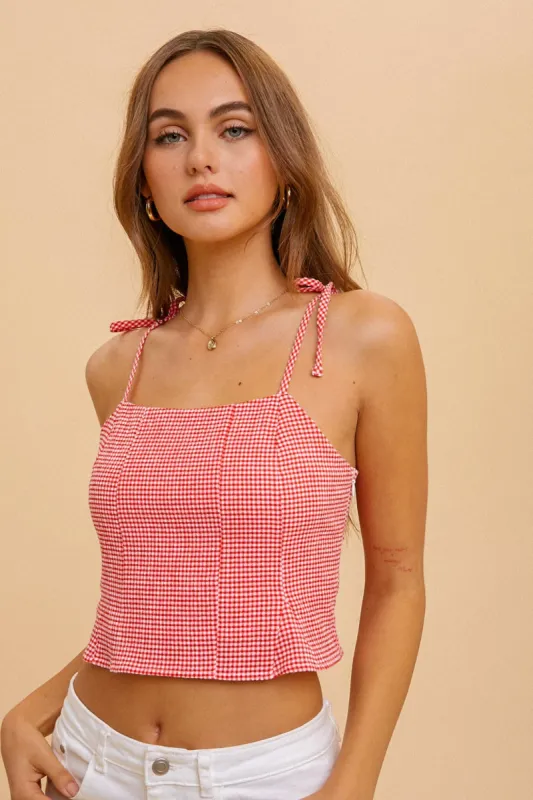 Cherry Shoulder Tie Strap Fit And Flare Gingham Crop Top sold by Pinkblush