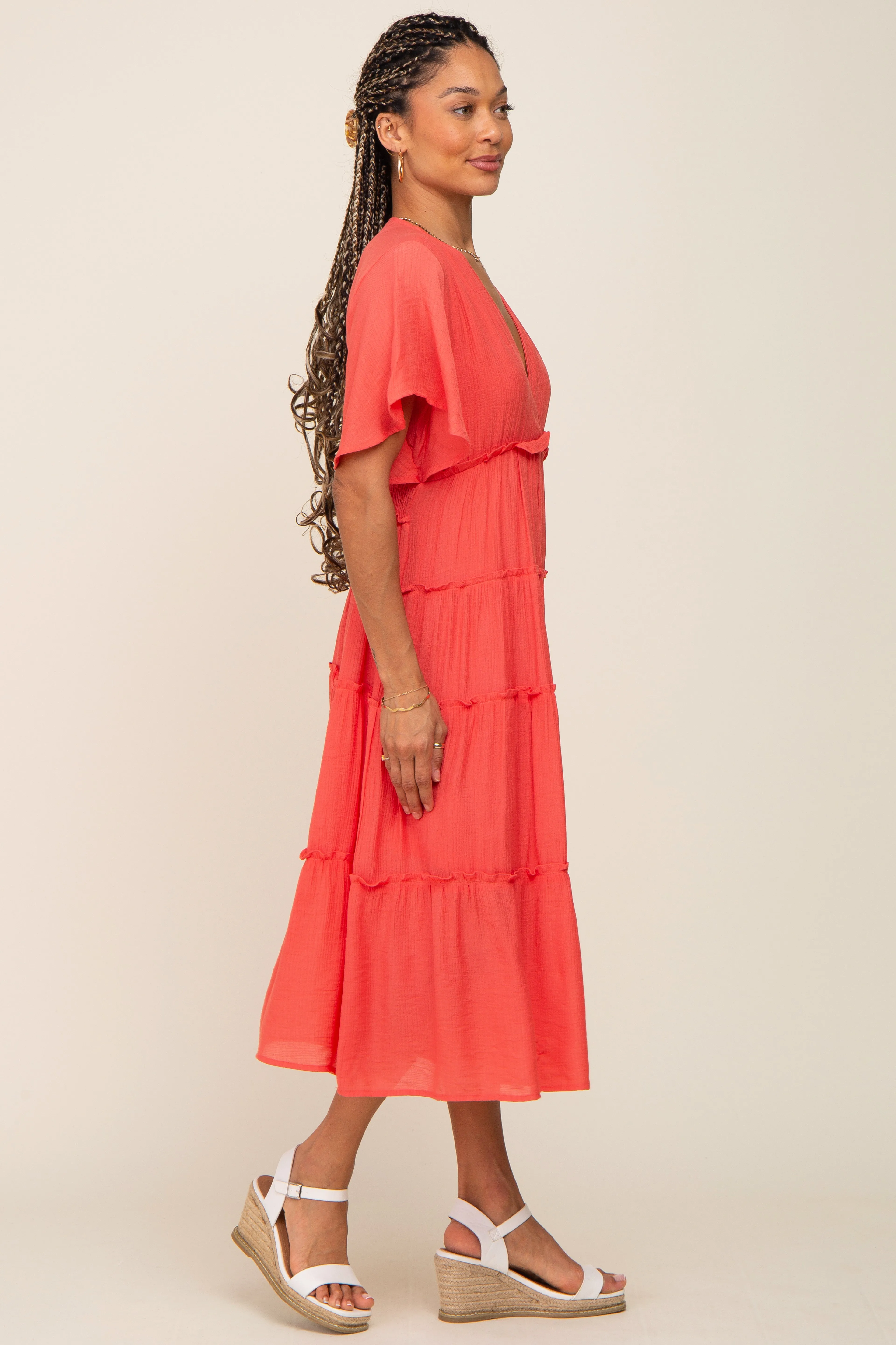 Coral Ruffle Tiered V-Neck Midi Dress sold by Pinkblush product image thumbnail 2
